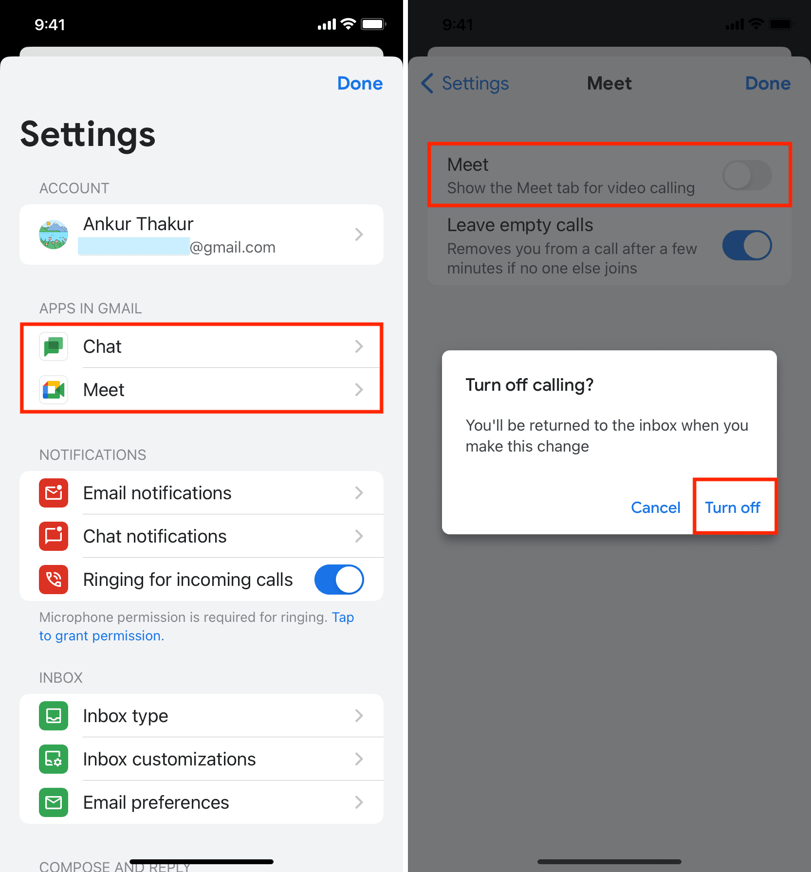 Turn off Chat and Meet inside Gmail app on iPhone
