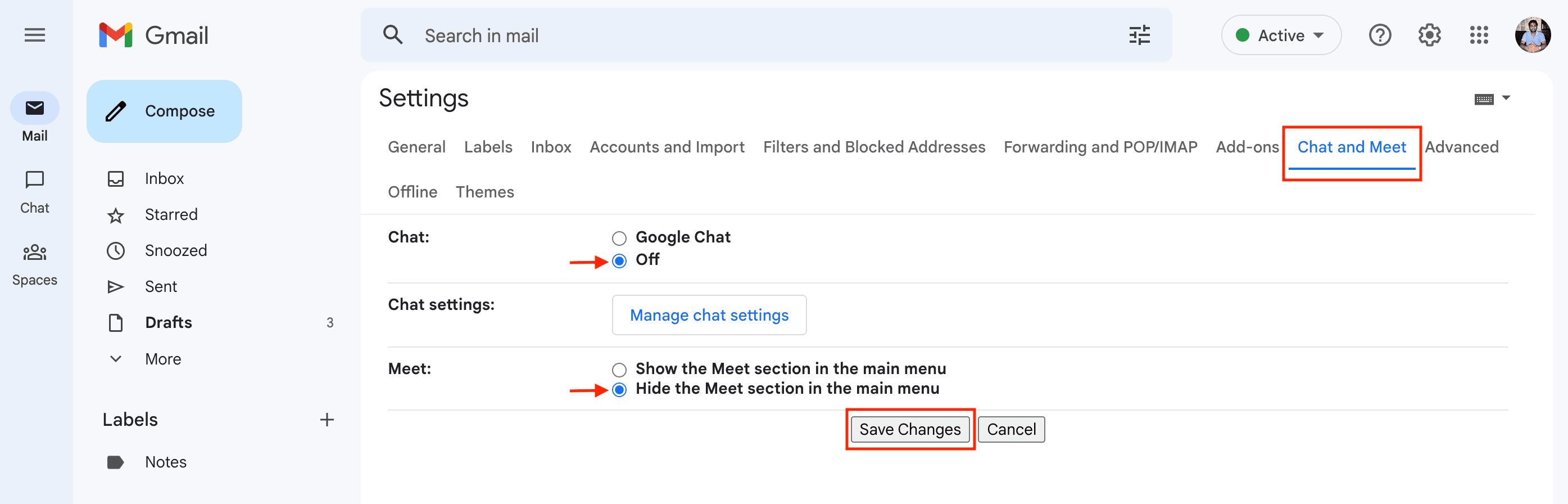 Turn off Chat and hide Meet from Gmail on web