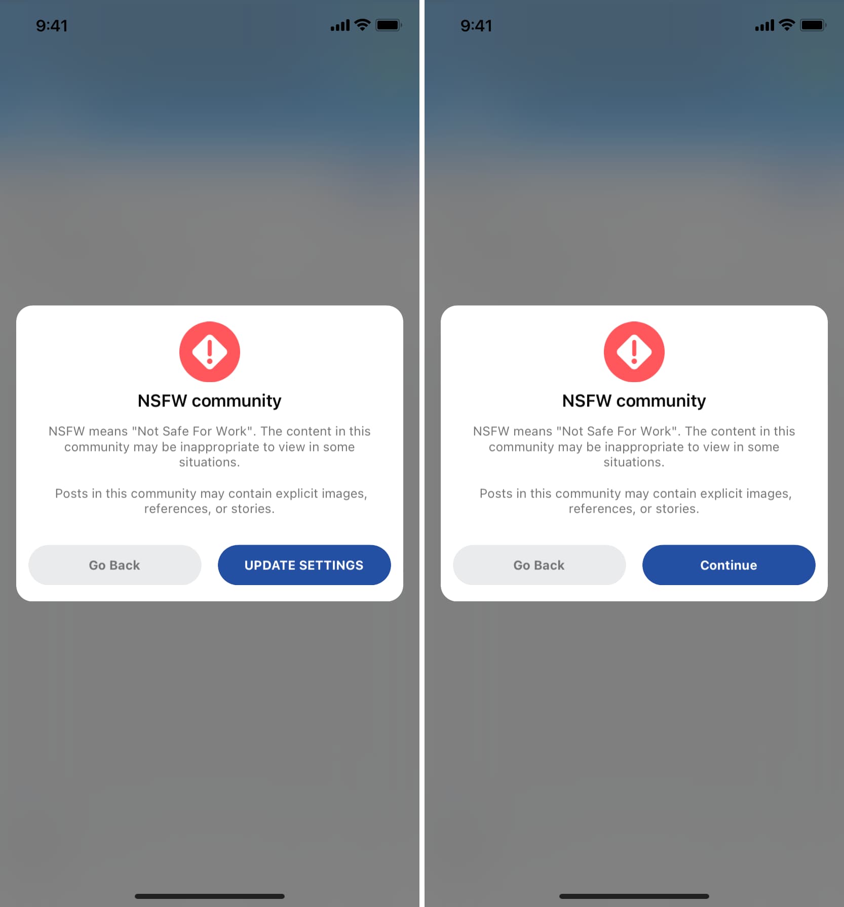 NSFW community update settings and continue buttons on iPhone