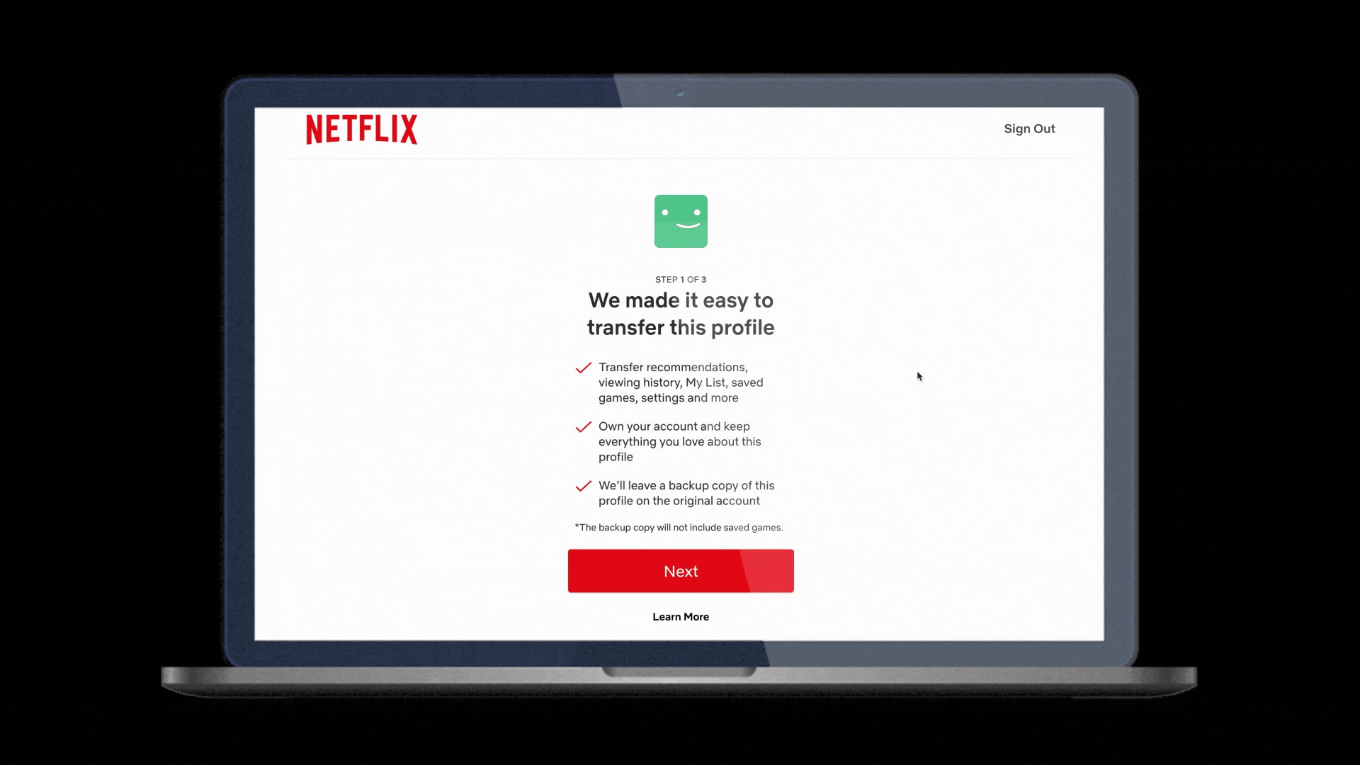 Splash screen for the Transfer Profile feature on Netflix laying out the benefits of transferring profile data to a new account