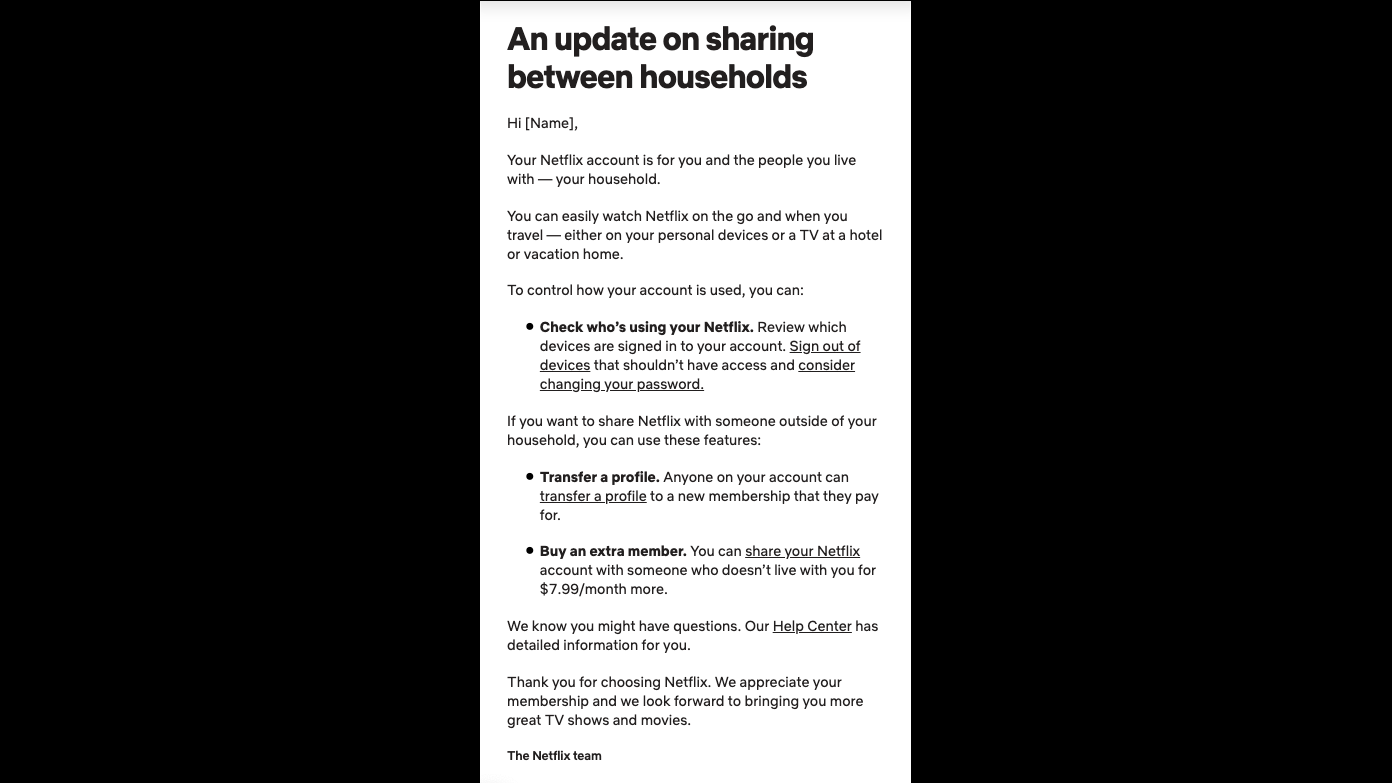 Netflix's email to subscribers in the US about ending free password sharing