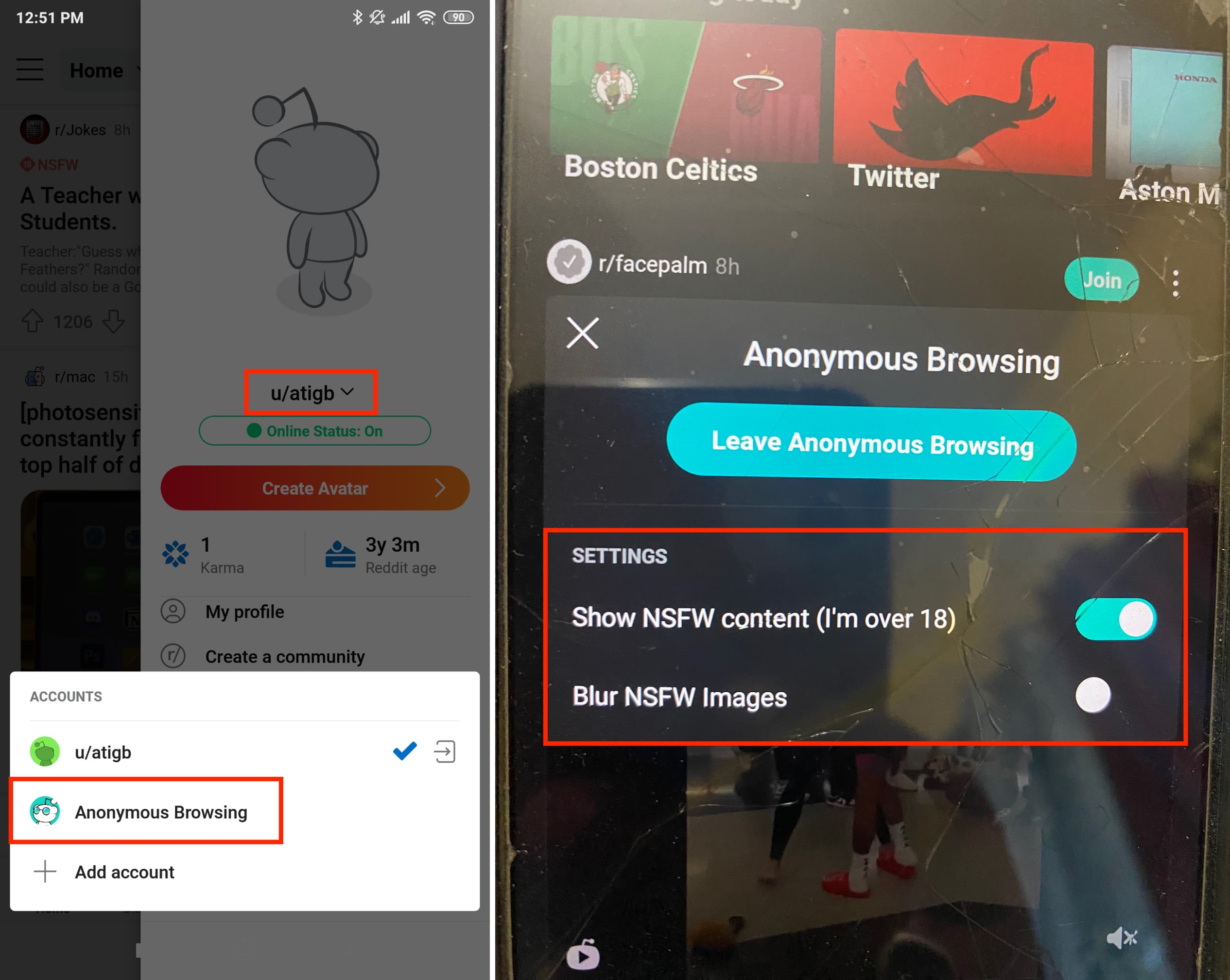 Show NSFW content and unblurred images during Anonymous Browsing in Reddit on Android