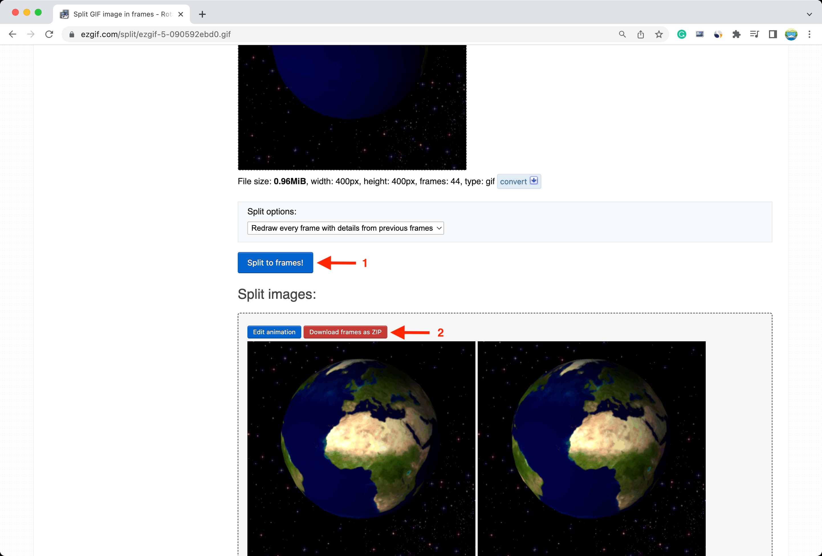 Split GIF to frames using ezgif website