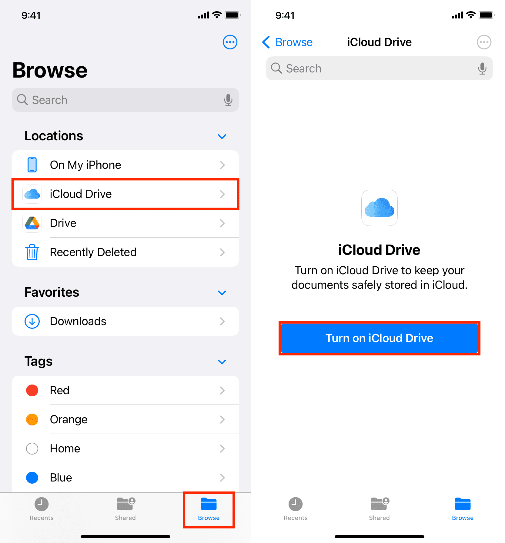 Turn on iCloud Drive from iPhone Files app