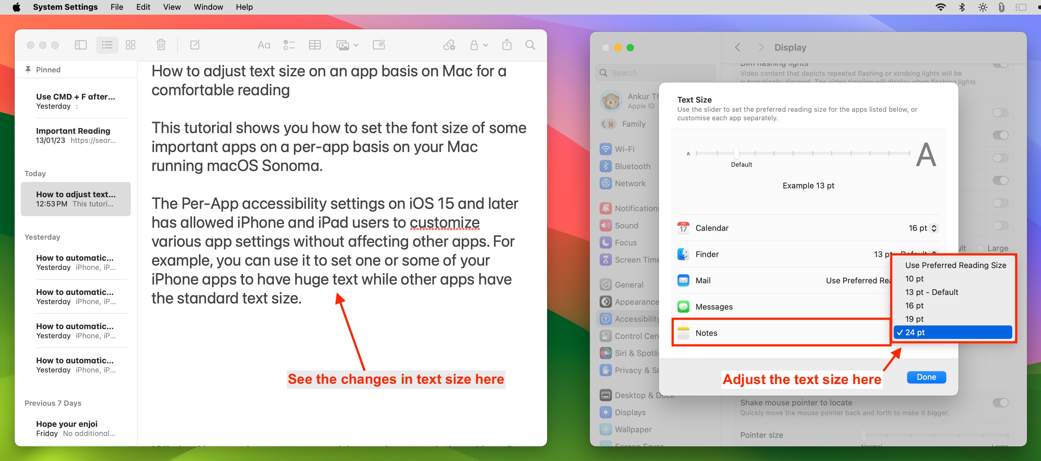 Adjust text size for per app in Mac System Settings