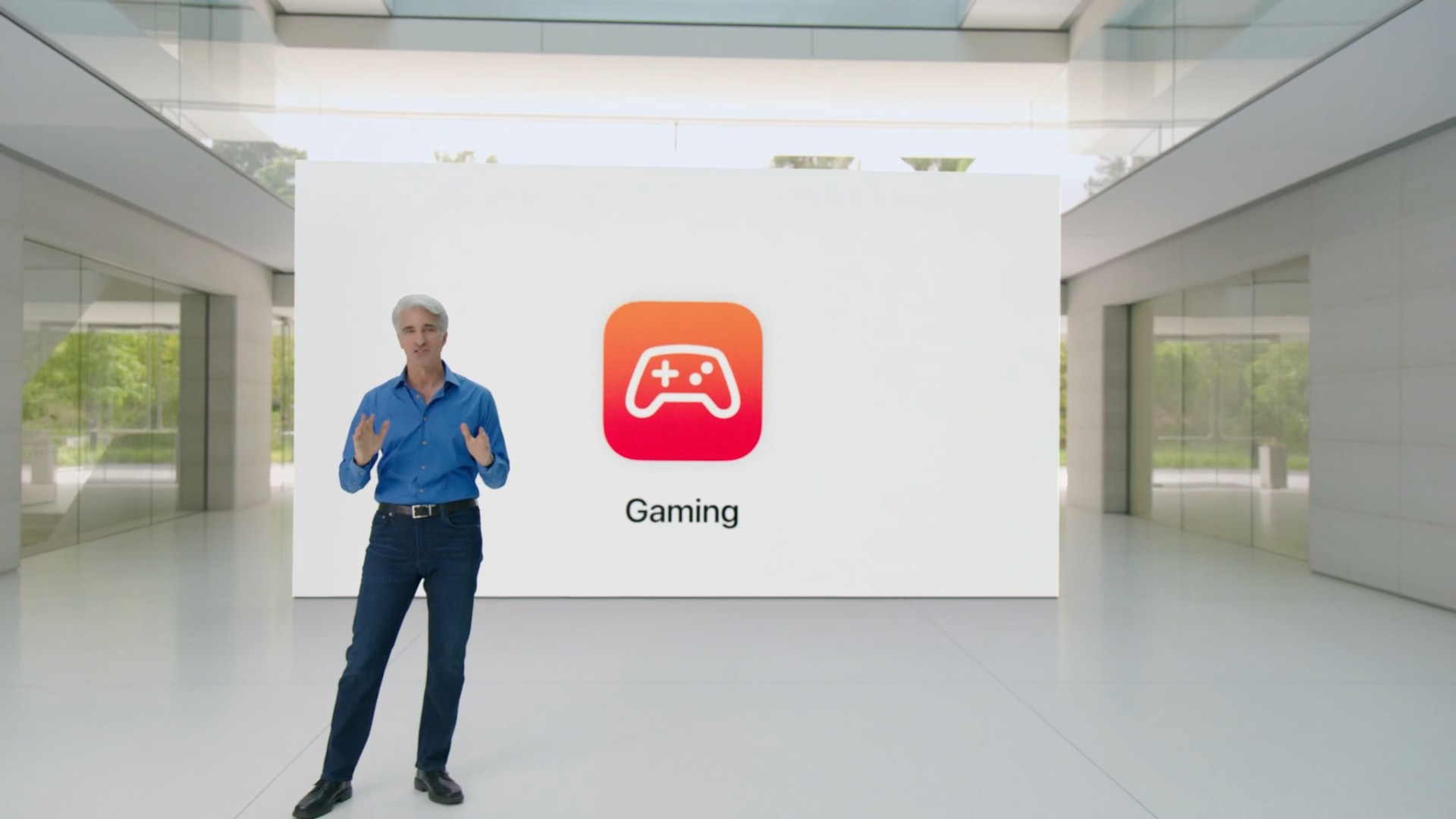 WWDC23 keynote with Craig Federighi standing in front of a slide advertising Mac gaming improvements