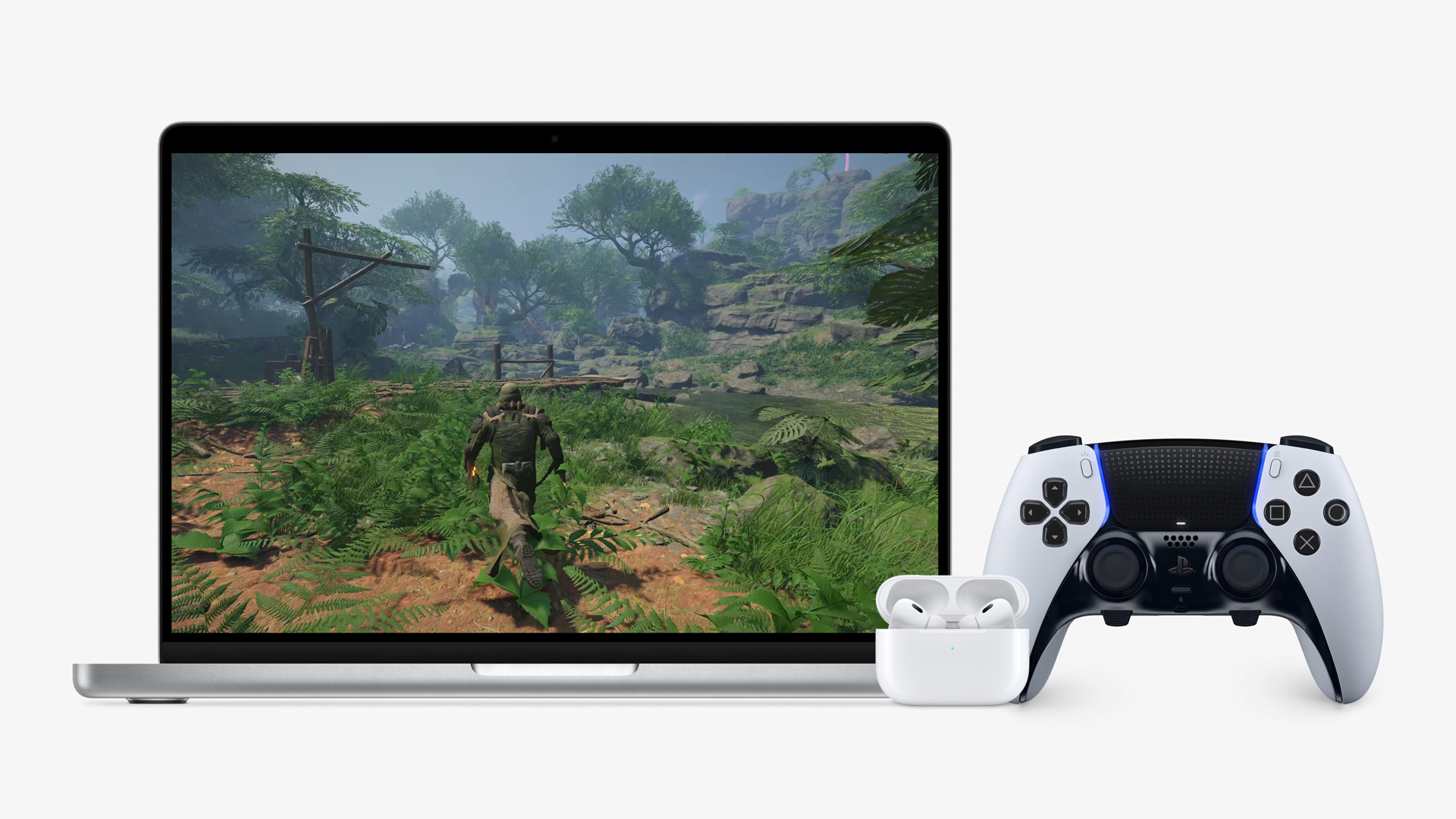 Marketing image showcasing gaming on a MacBook Pro using AirPods and a PS5 controller
