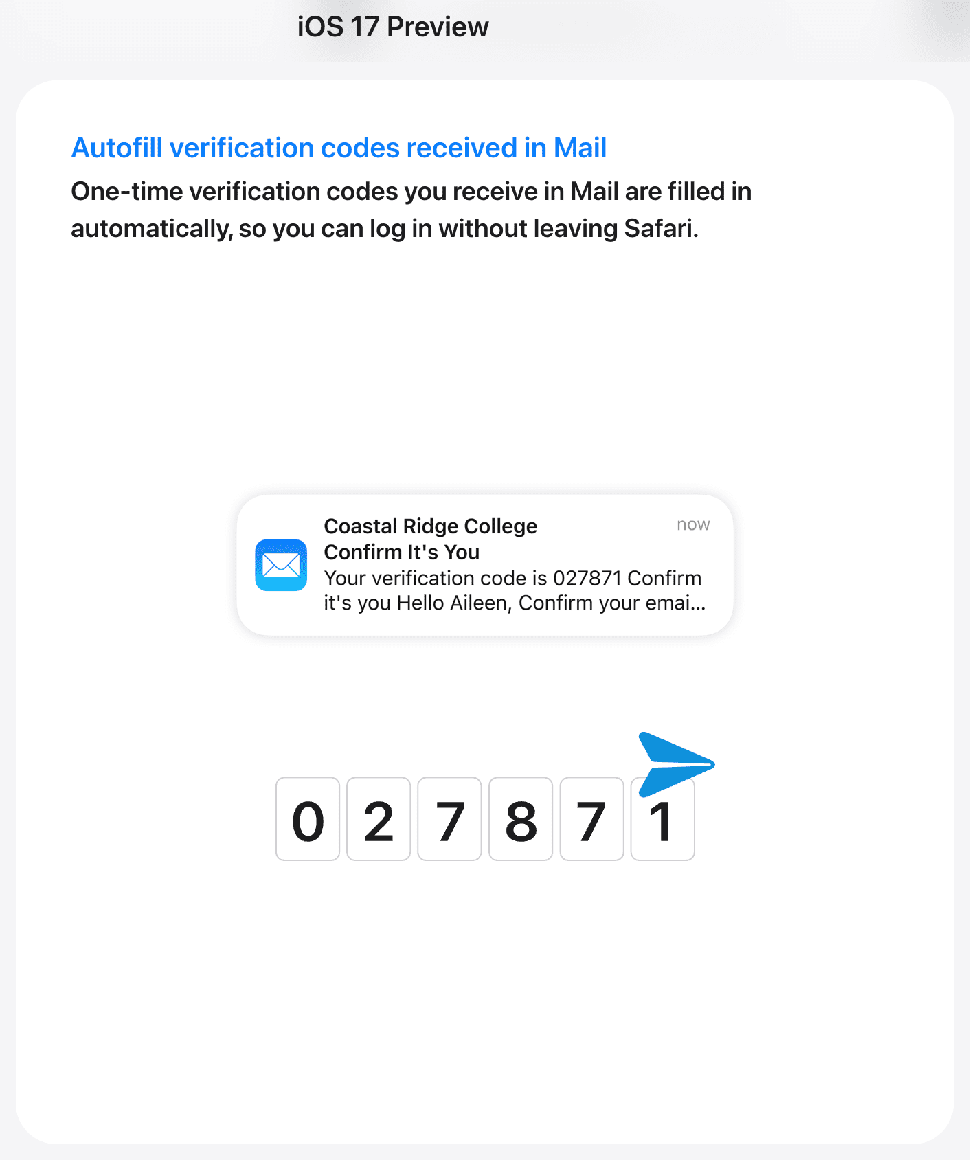 Autofill verification codes received in Mail on iPhone