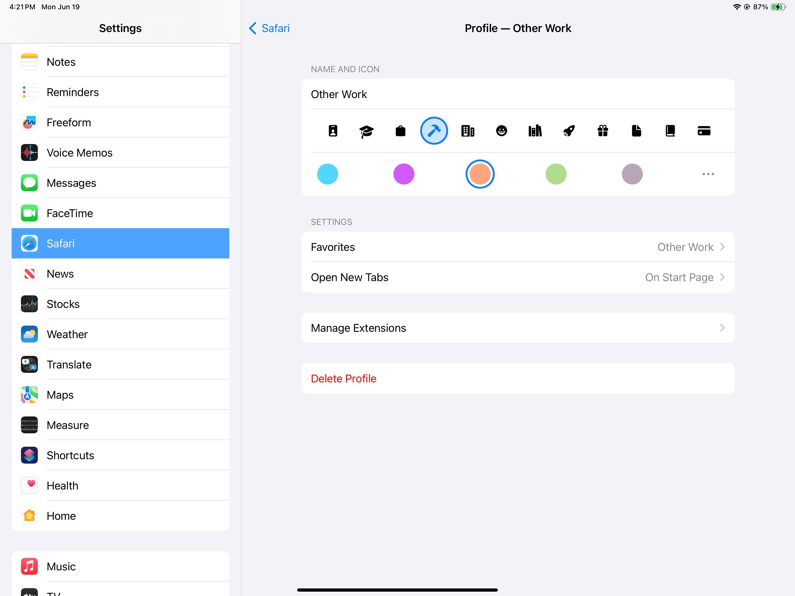 Delete Safari Profile on iPad