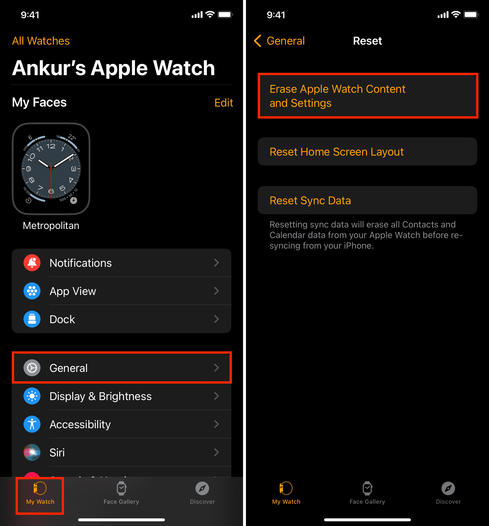Erase Apple Watch Content and Settings using iPhone Watch app