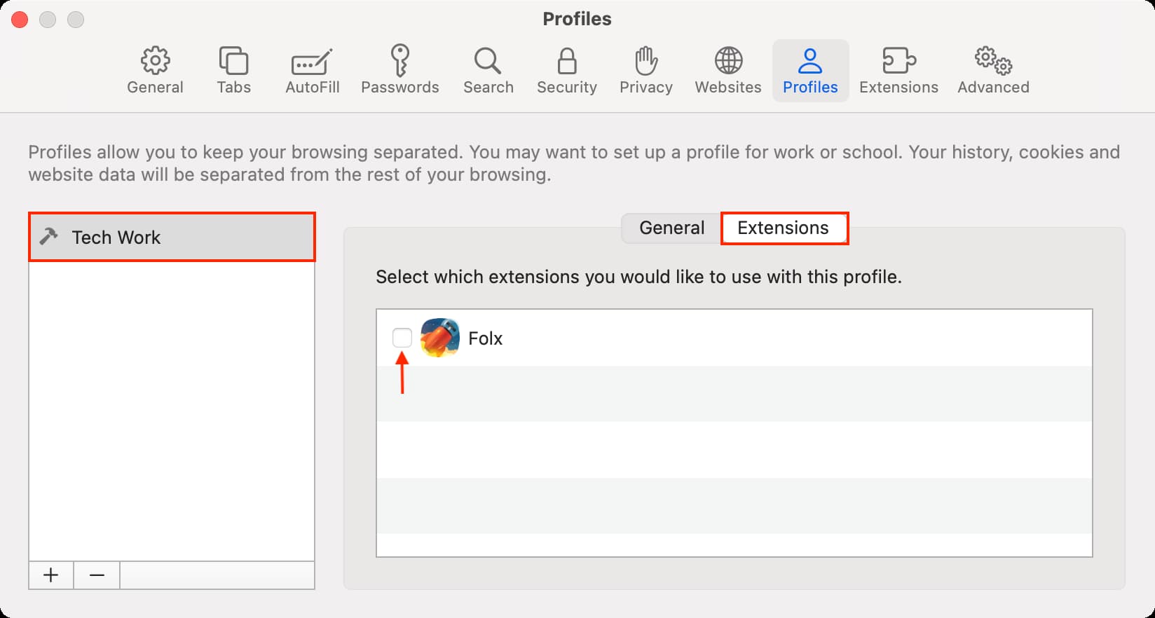 Extensions in profile settings in Safari on Mac