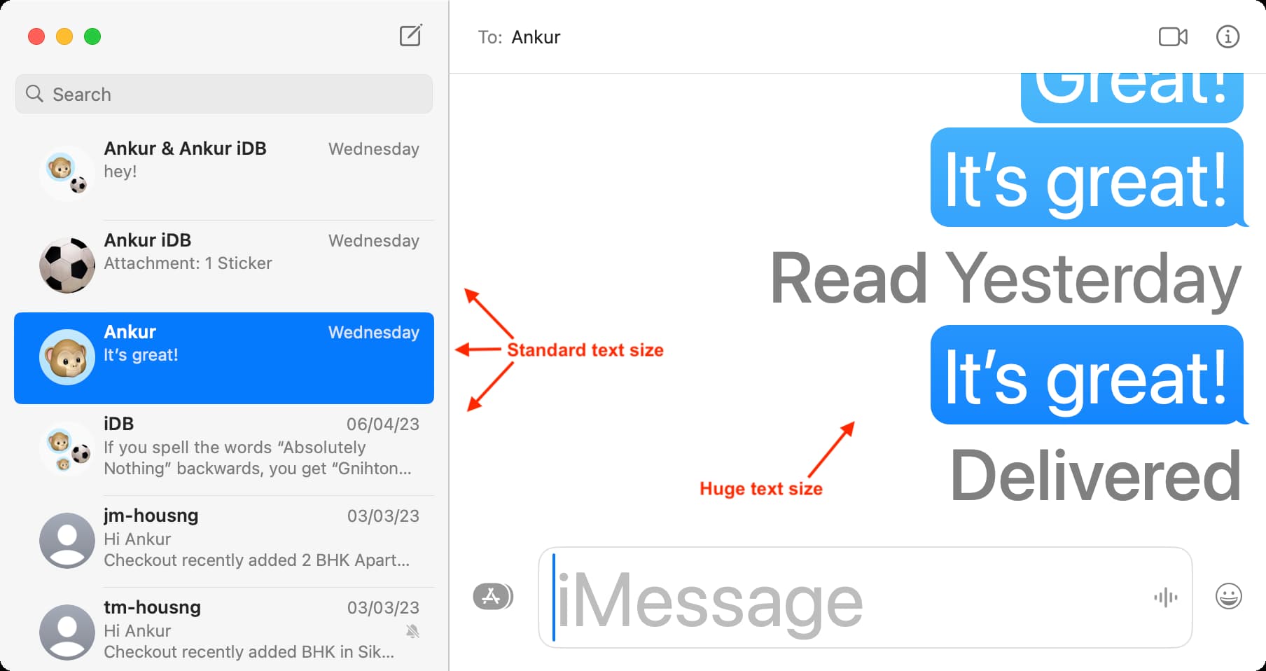 Mac Messages app with huge text