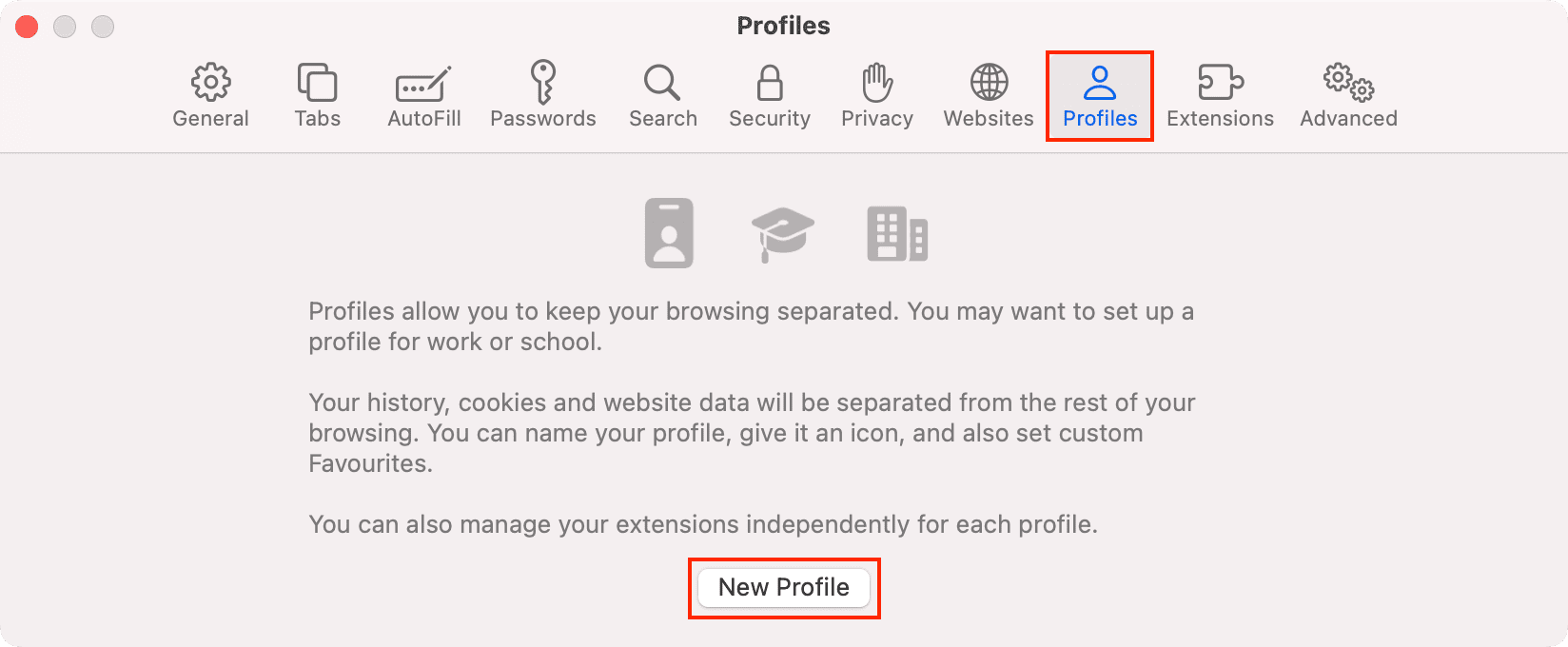 New Profile in Safari Profiles settings