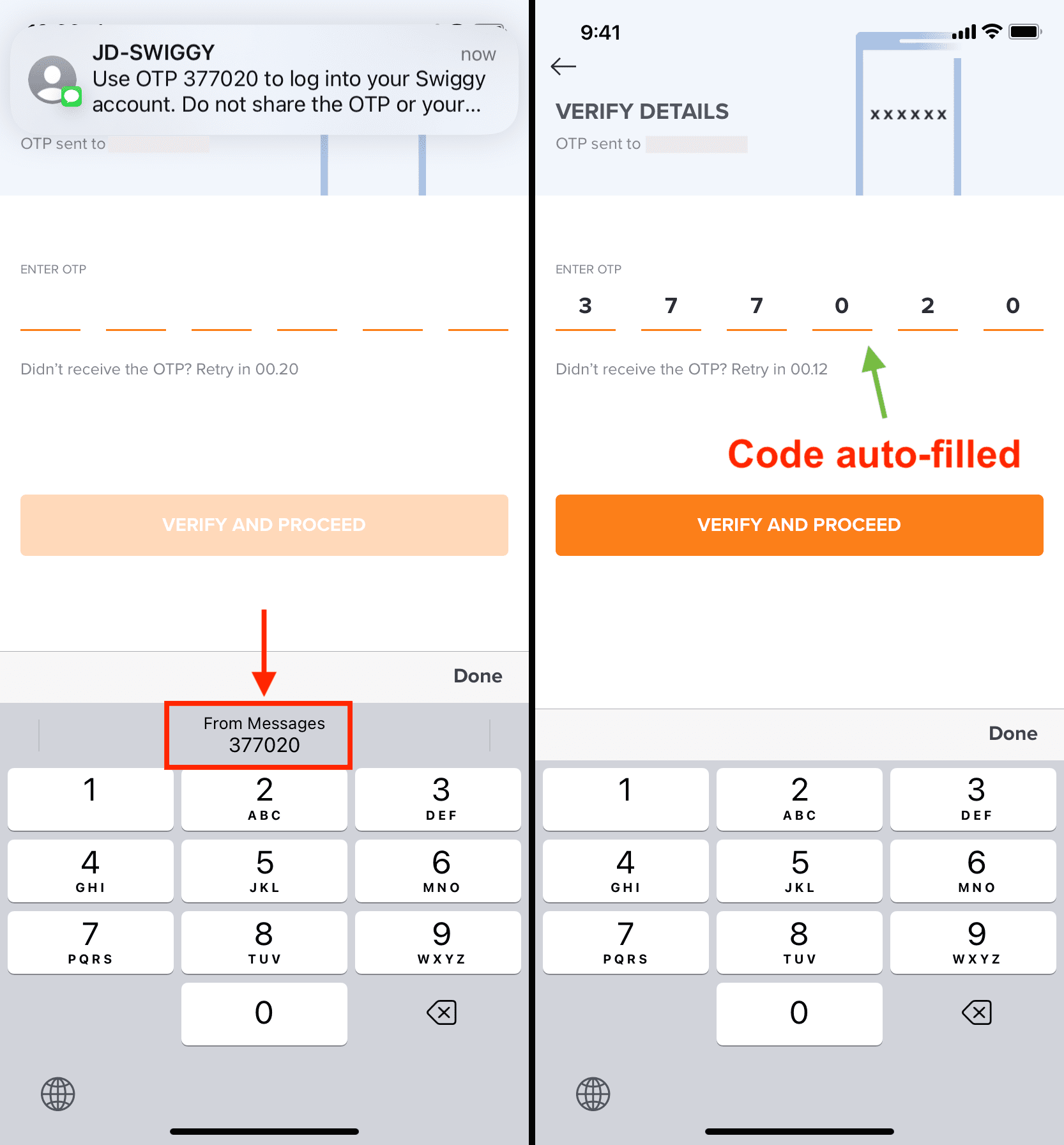 SMS code autofill on iPhone