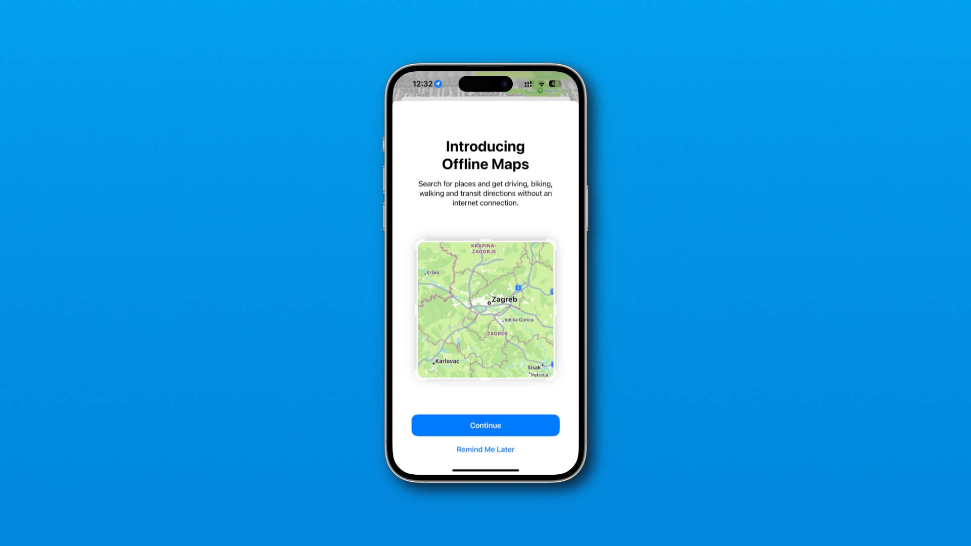 Splash screen in iOS 17's Maps app promoting offline navigation