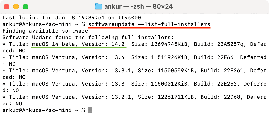 softwareupdate list-full-installers in Terminal on Mac