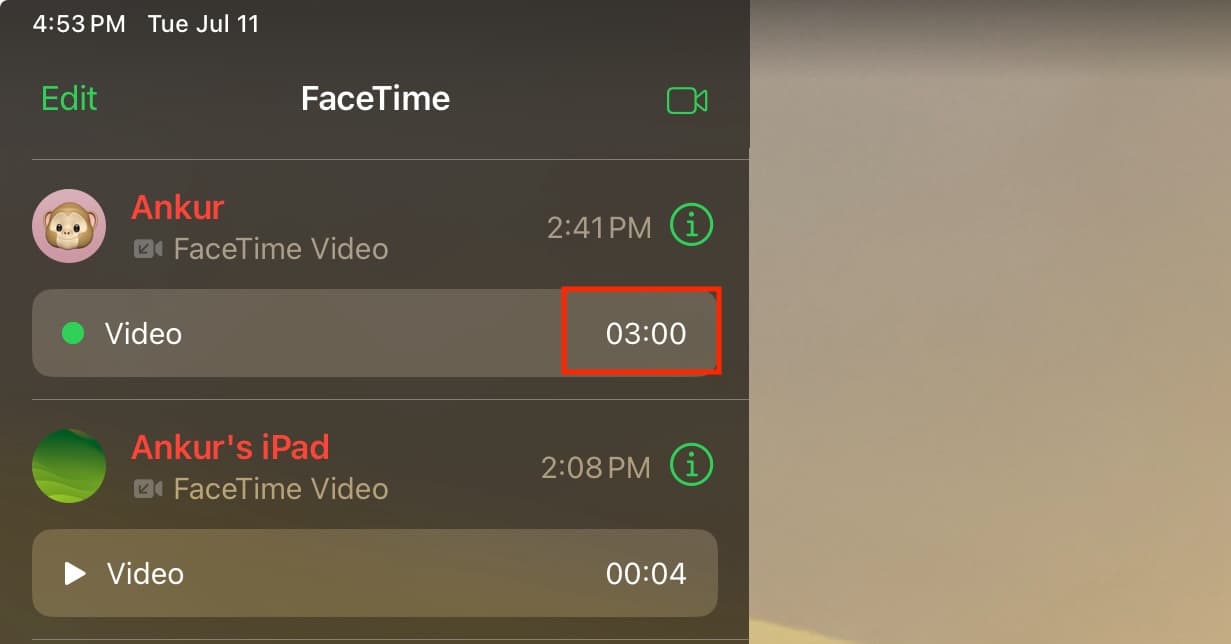 3 minute long FaceTime video message