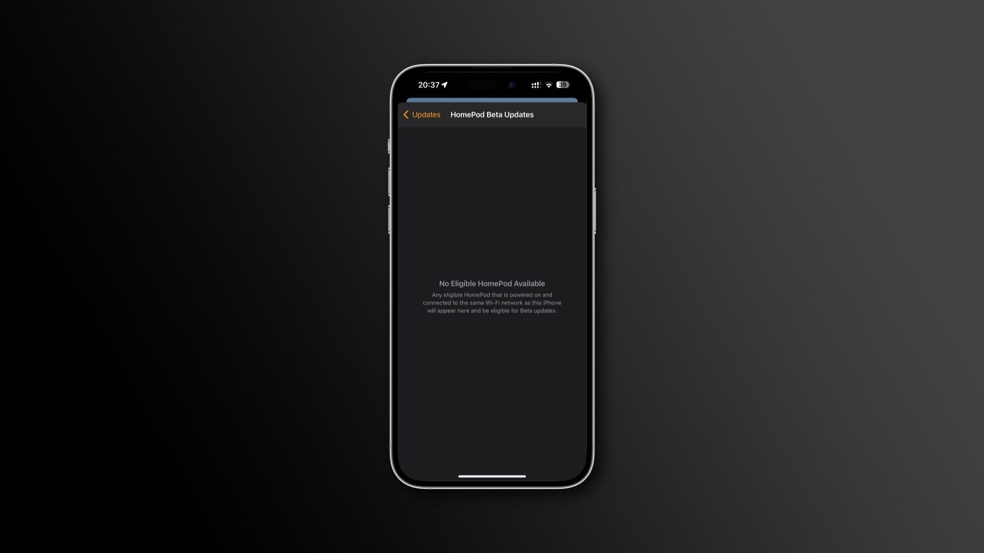 Message in the iPhone's Home app saying no HomePods are eligible for beta software