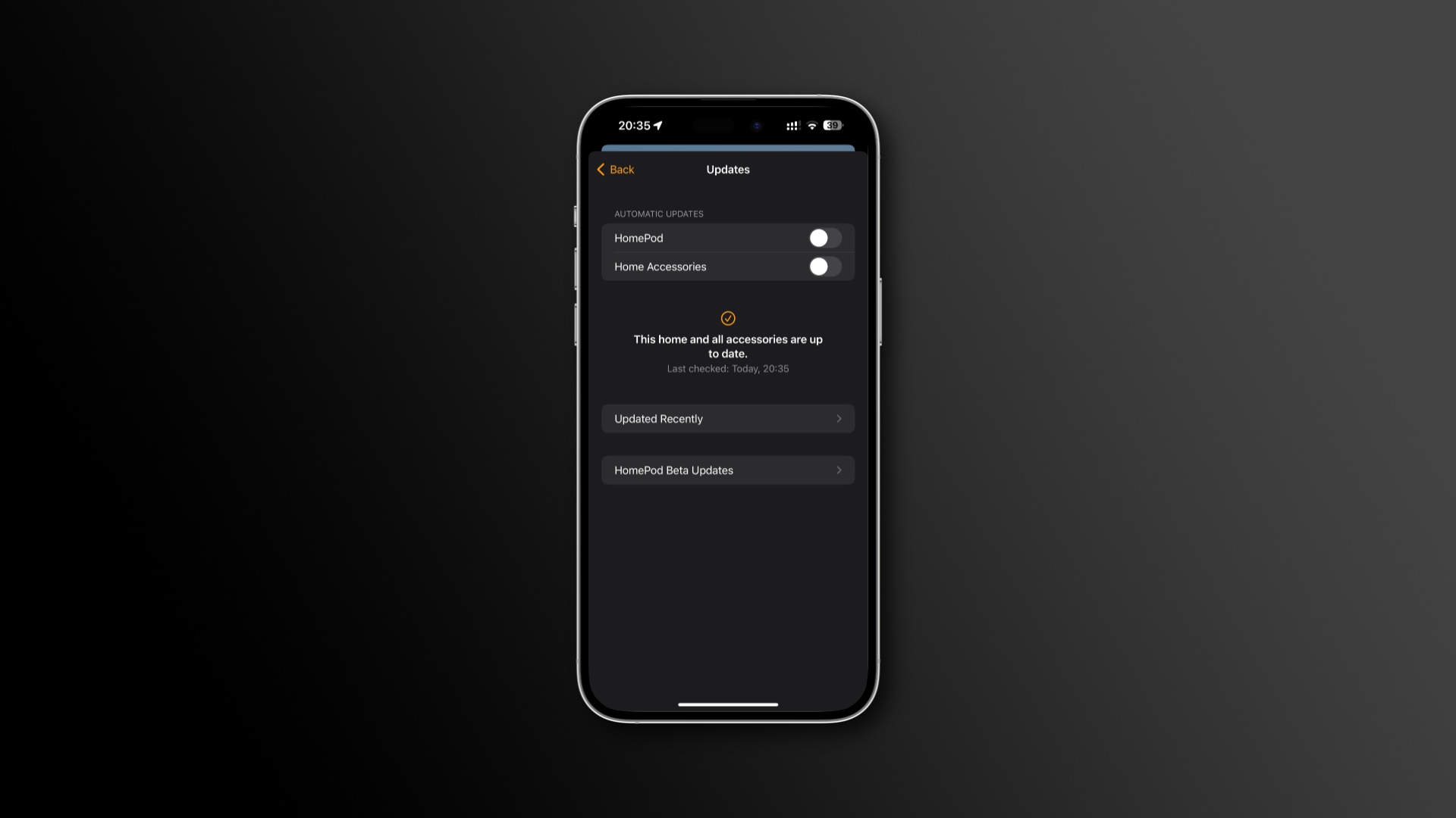 Software Update in the iPhone's Home app showing all HomePods are up to date