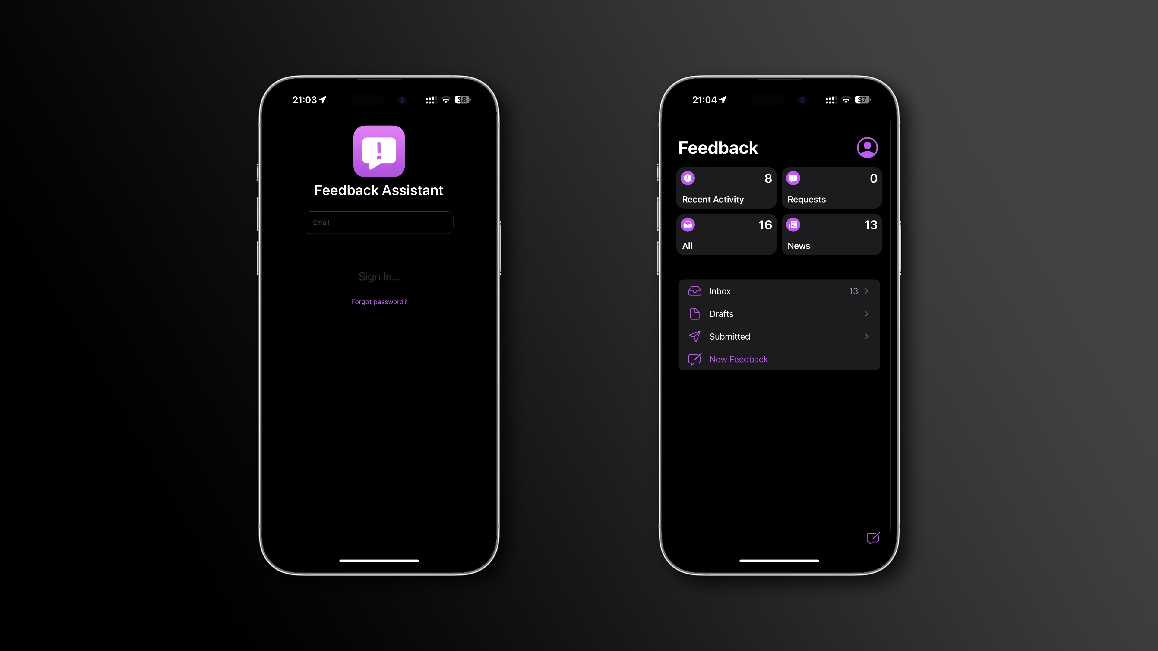 iPhone screenshots showcasing Apple's Feedback Assistant app