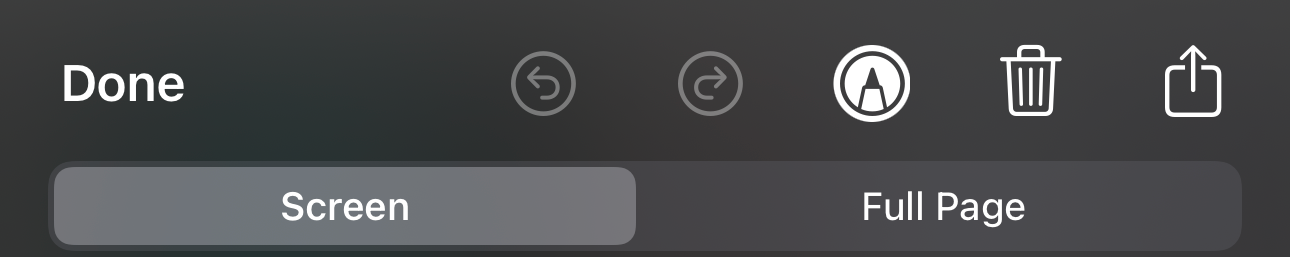 The Screen and Full Page buttons in the iPhone's Screenshot app