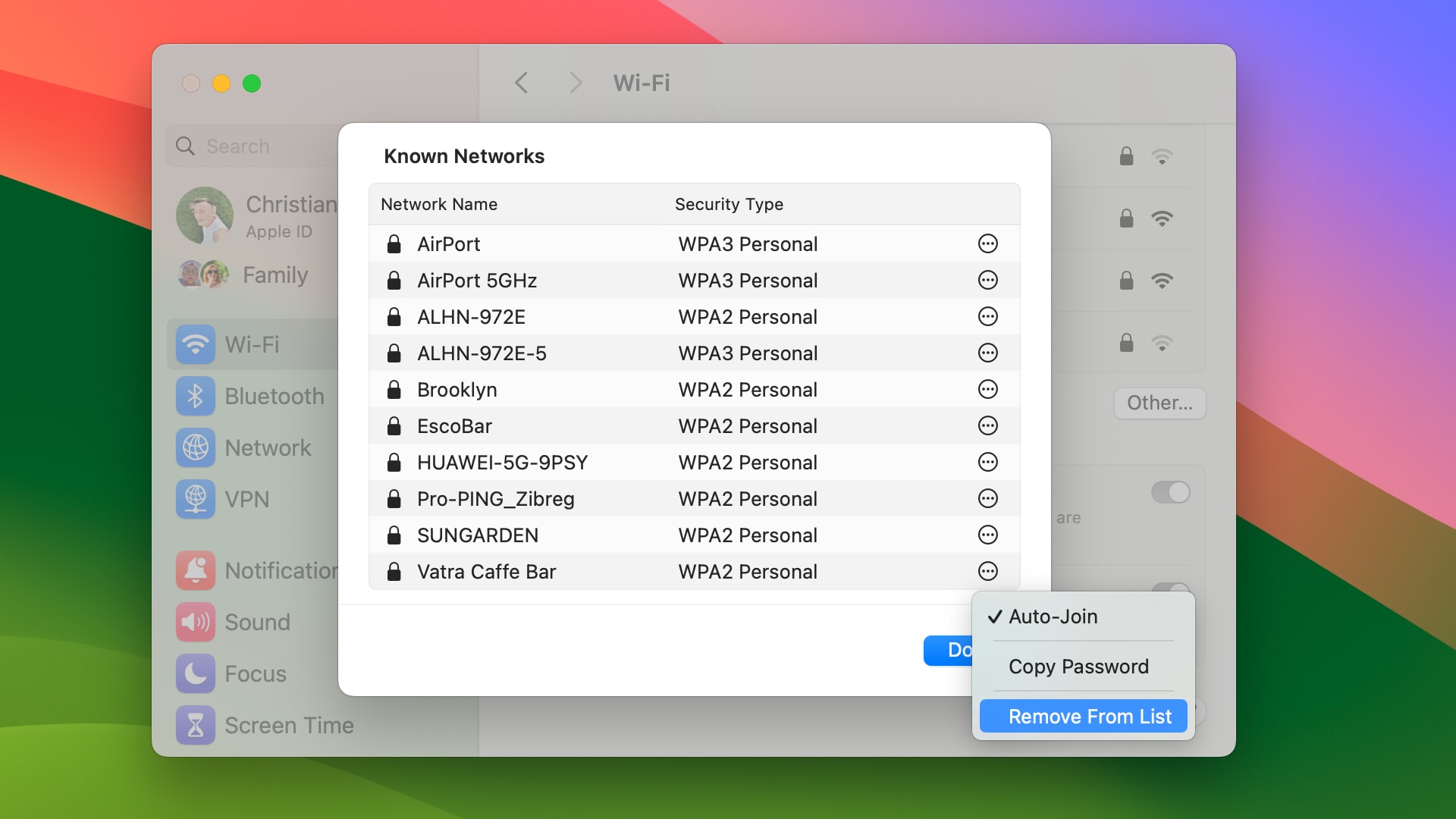 Removing a Wi-Fi network in macOS System Settings