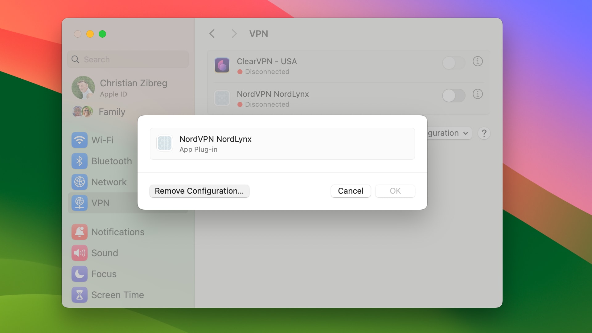 Removing a VPN service using System Settings in macOS Sonoma