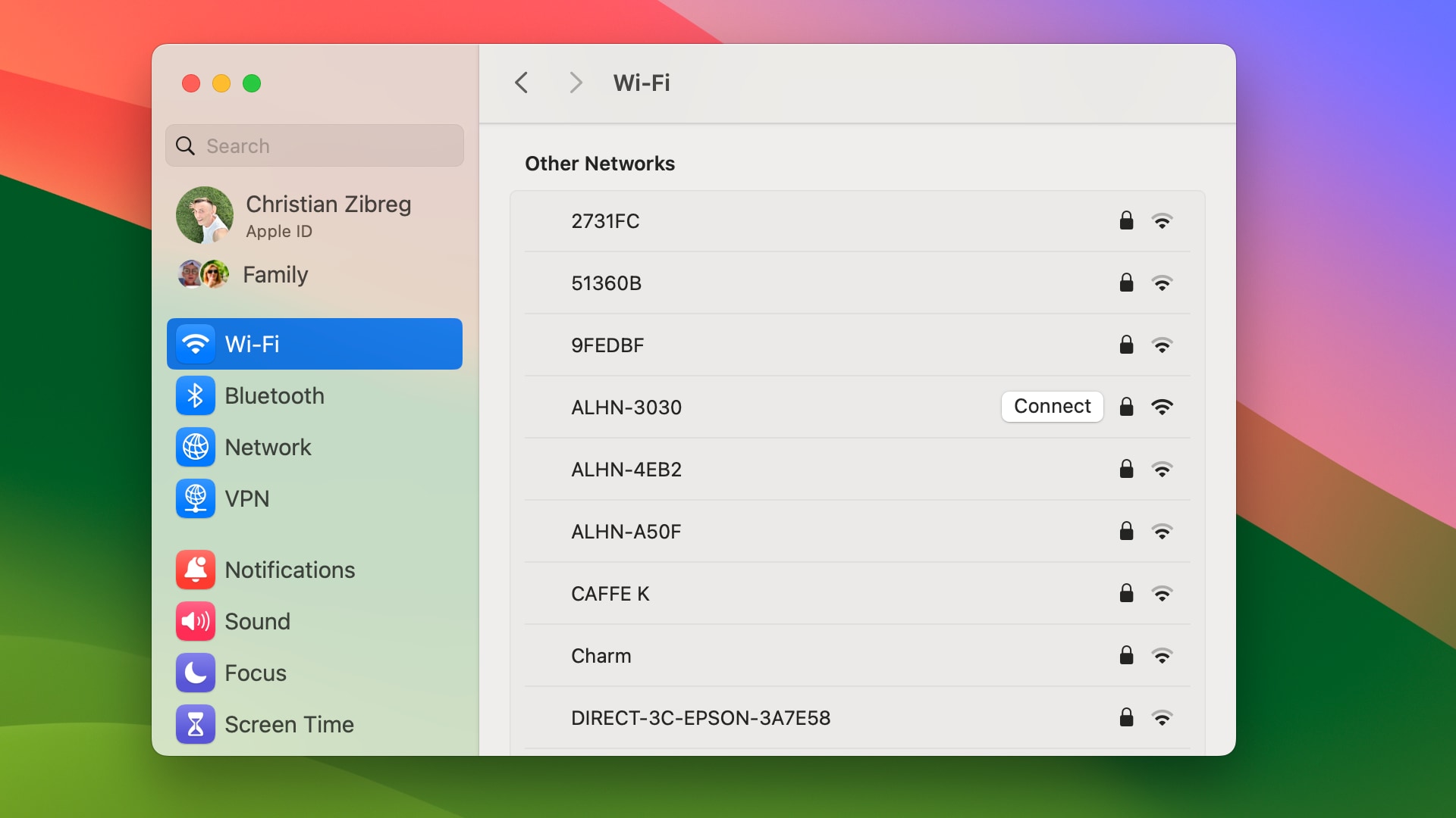 Connecting to a nearby Wi-Fi network via macOS System Settings