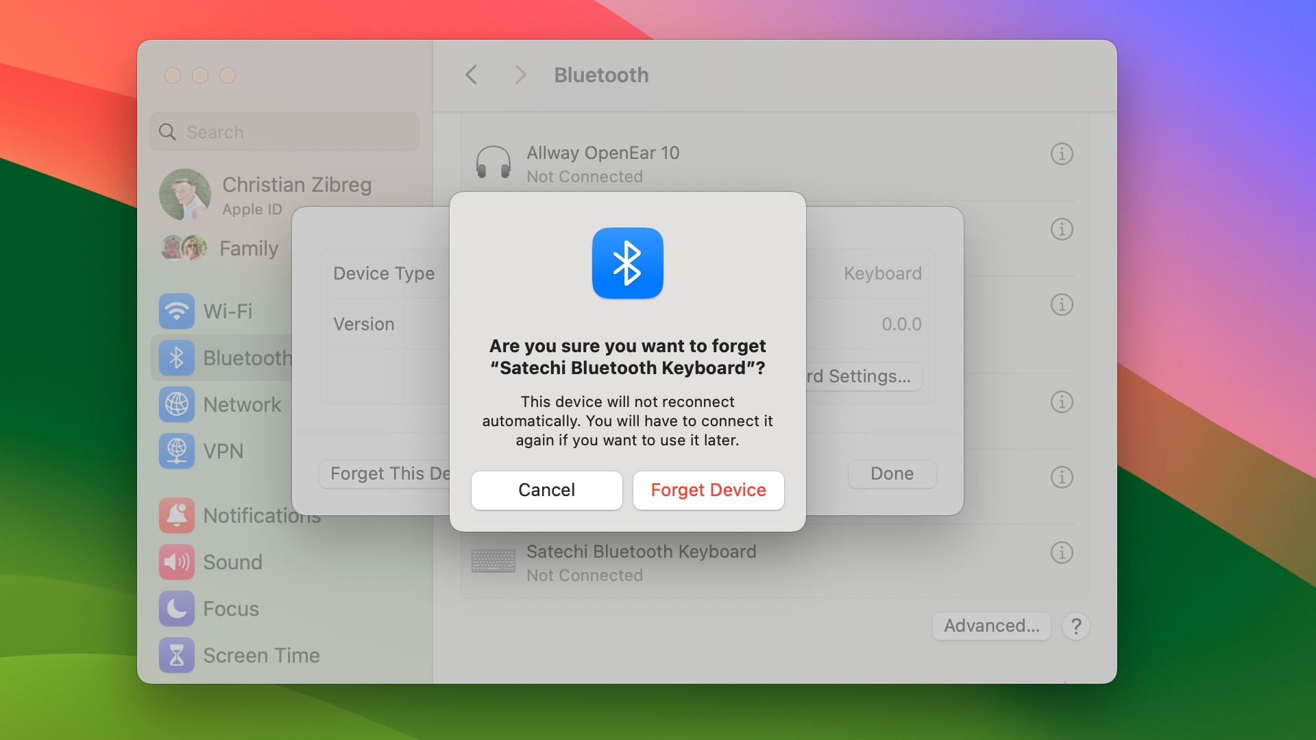 Confirming removing a Bluetooth device in macOS System Settings