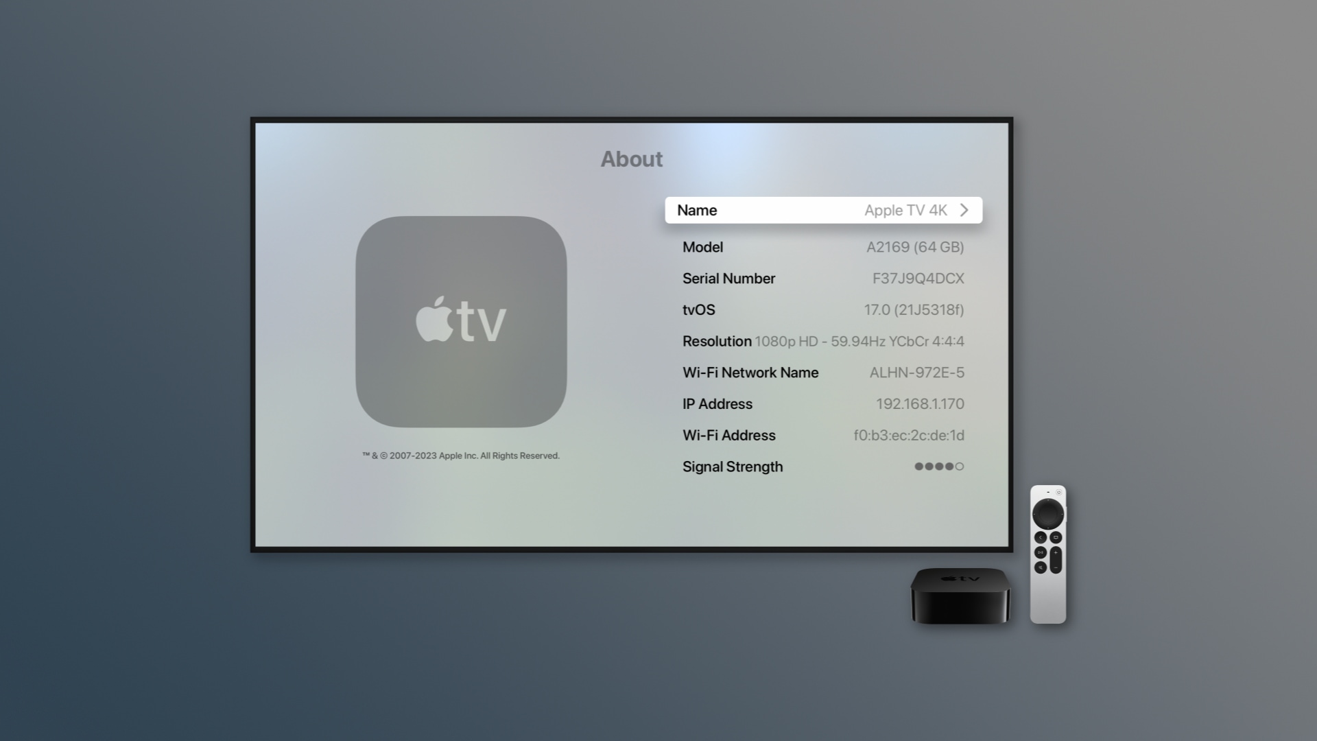 tvOS Settings with the Apple TV name highlighted