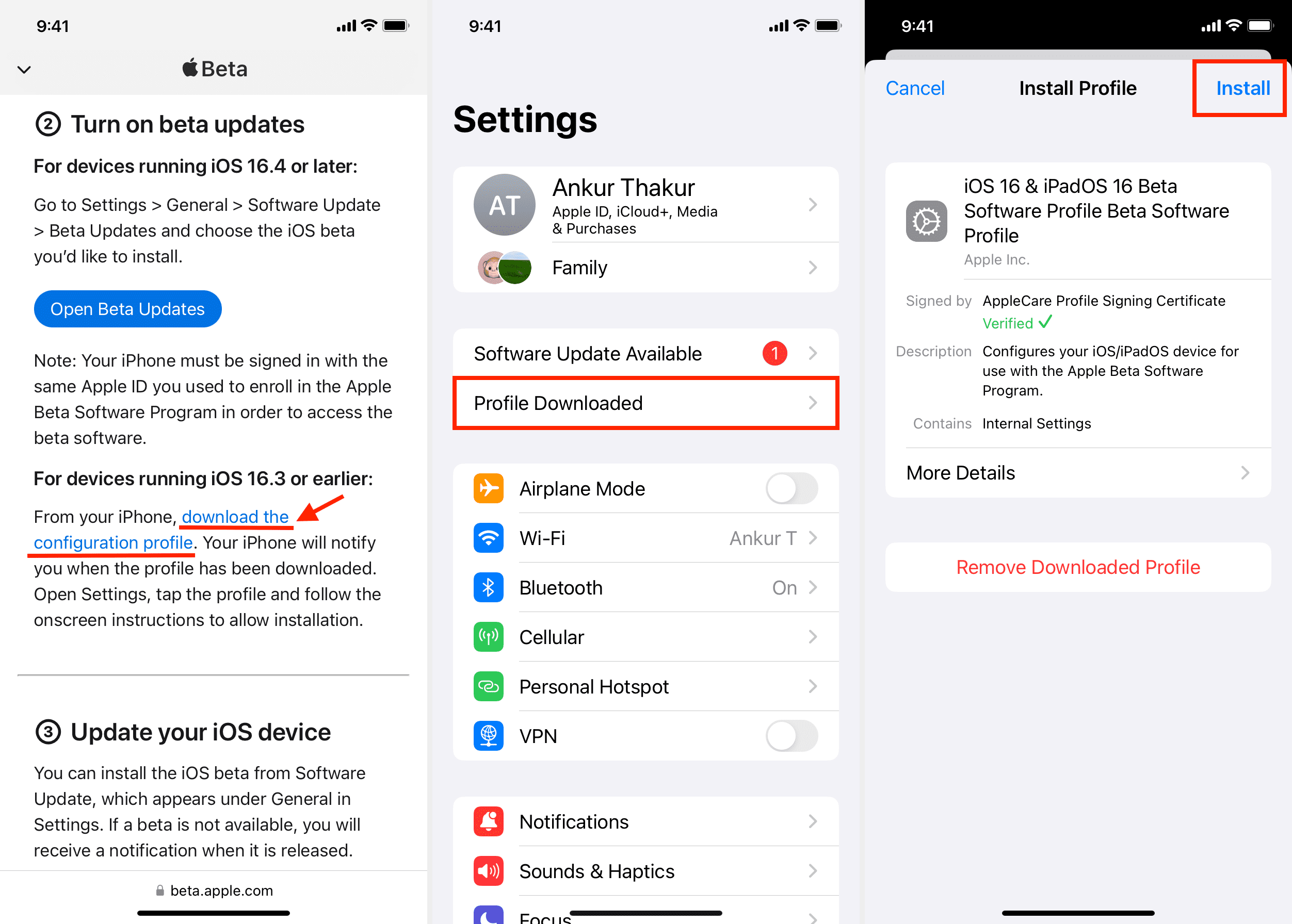 Download the configuration profile for iOS beta and install it on iPhone