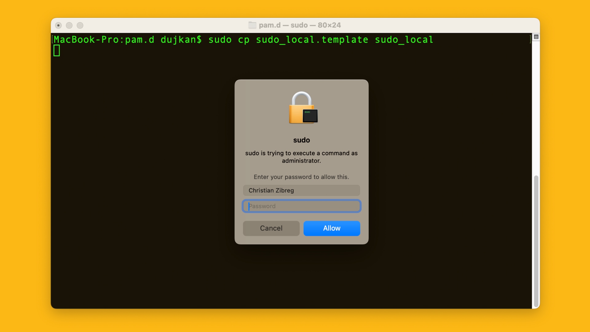 Password prompt to authenticate a sudo command in macOS Terminal