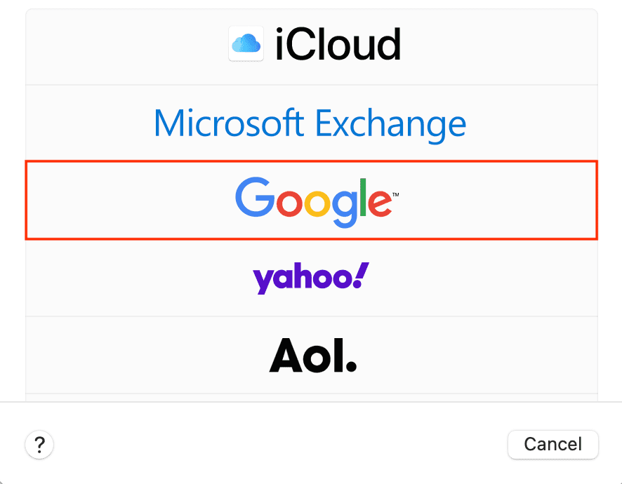Select Google account to add on Mac