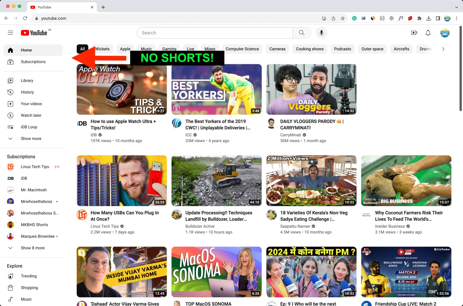 Shorts removed from YouTube in web browser