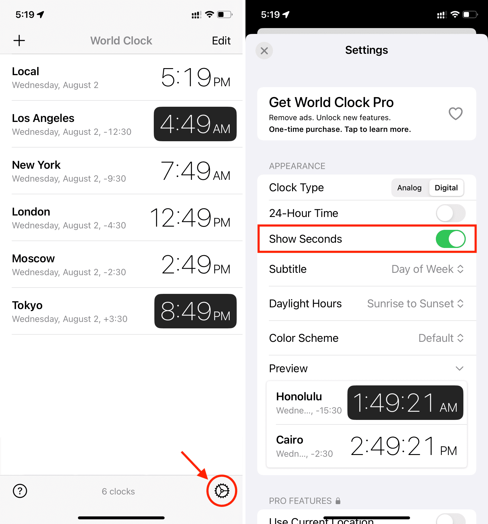 Show seconds in World Clock app on iPhone