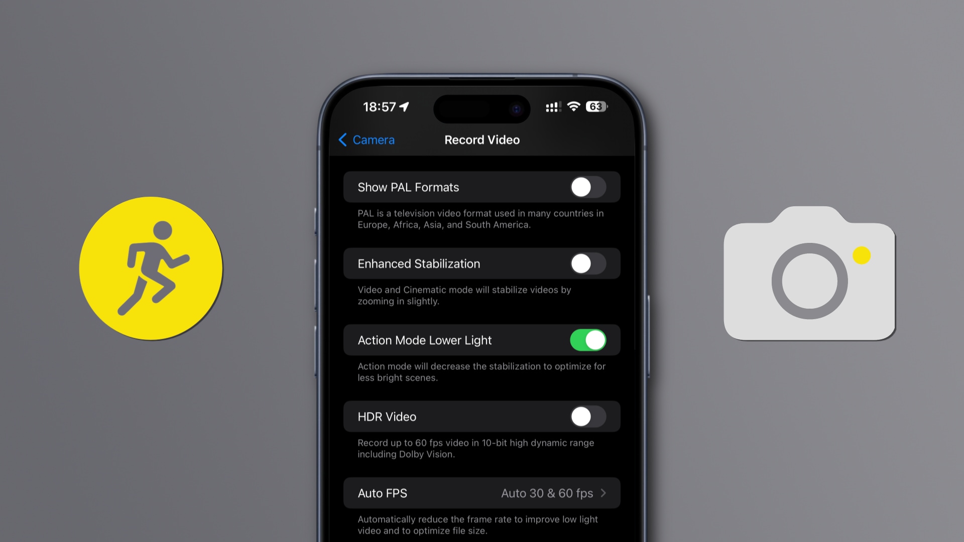 The Action Mode Lower Light setting for the iPhone's Camera app