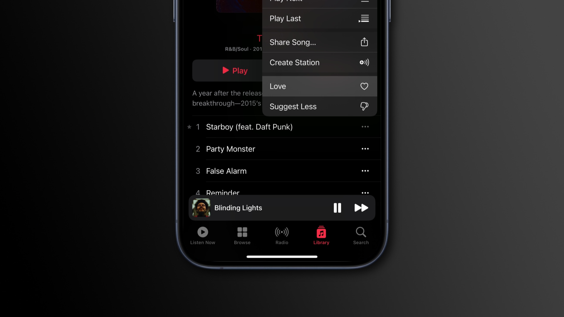 The Love menu option in Apple Music on iPhone