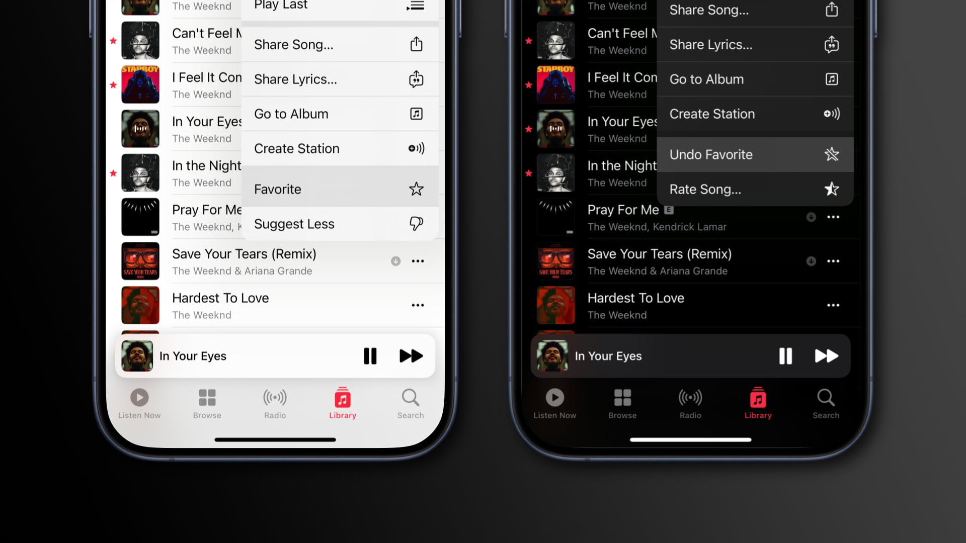 The Favorite and Undo Favorite menu options in Apple Music on iPhone