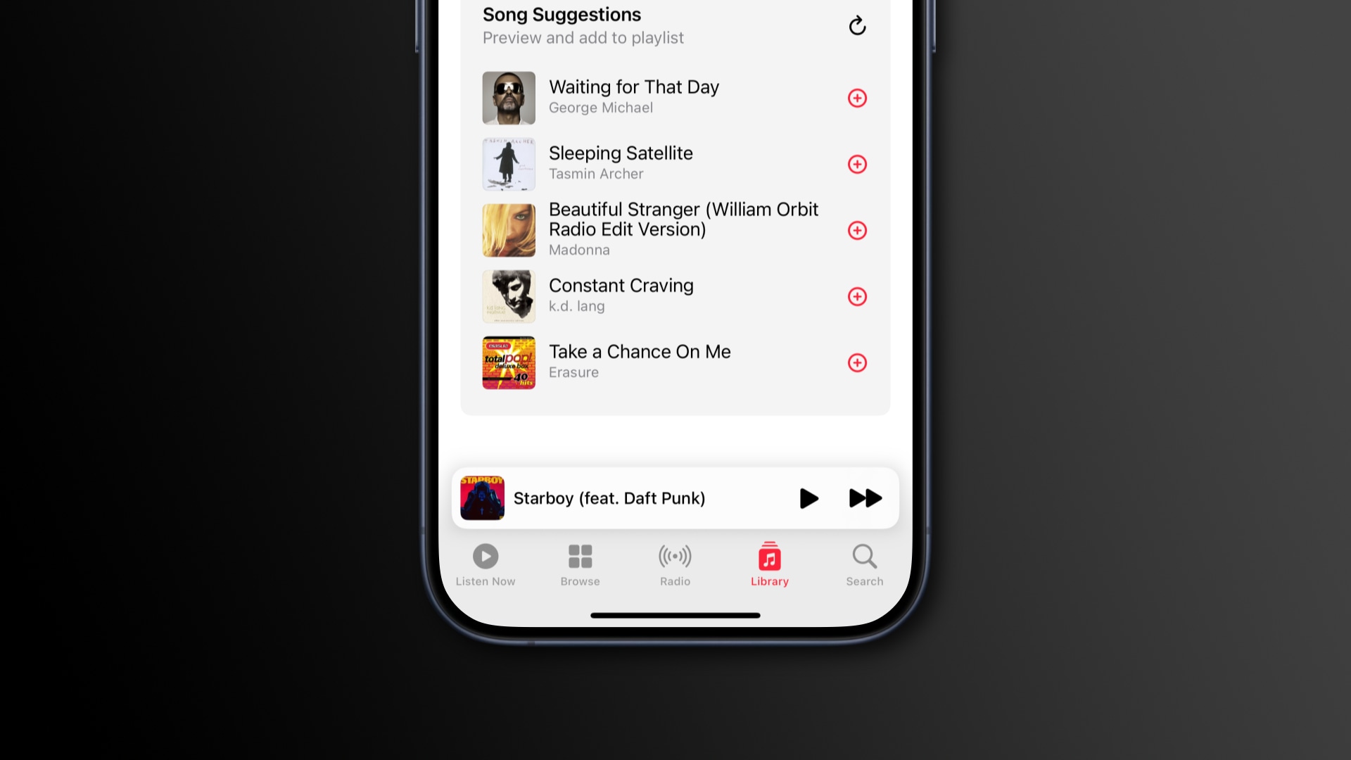 Suggested songs in an Apple Music playlist on iPhone