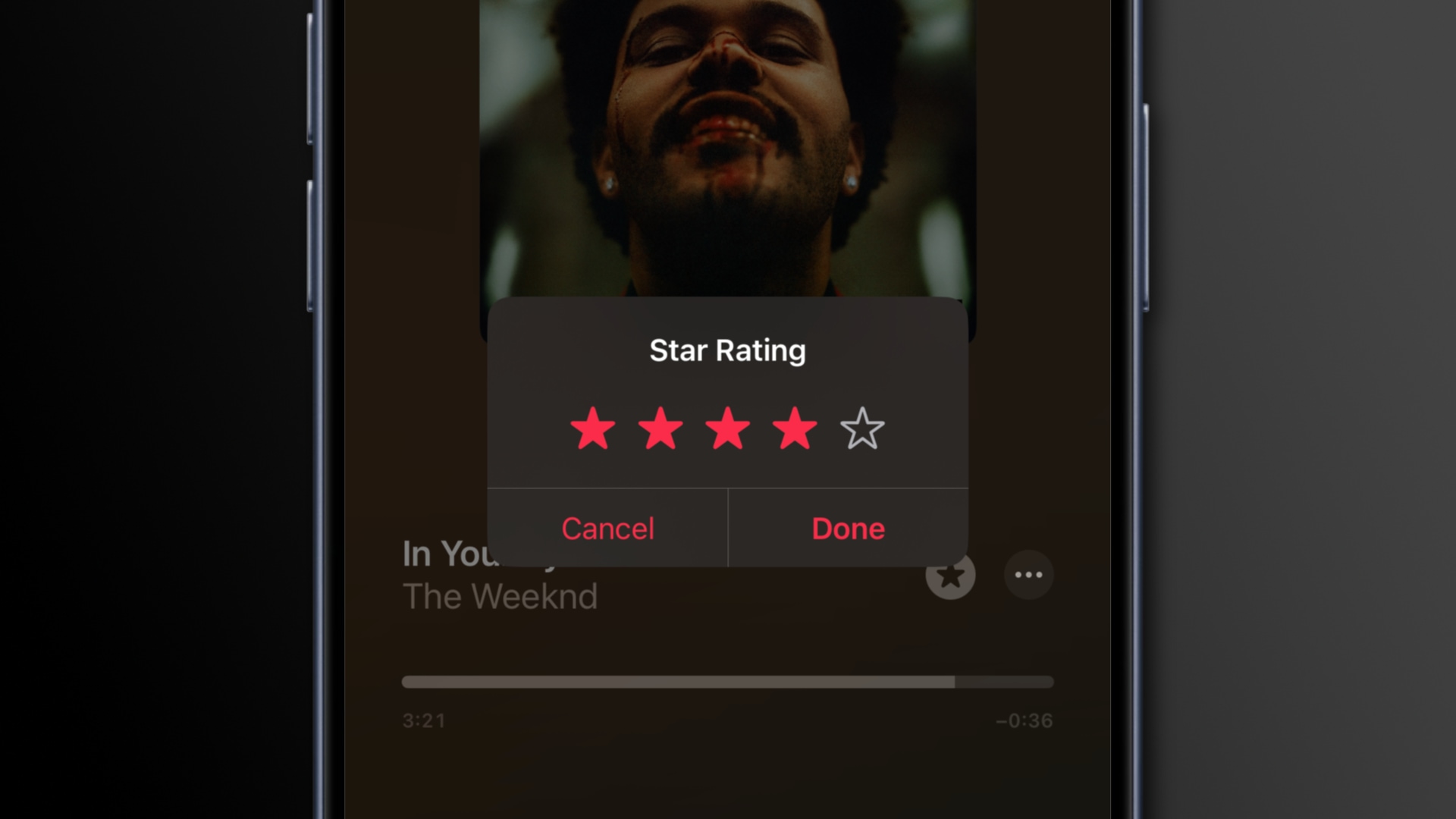 Assigning a four-star rating to a song on Apple Music on iPhone