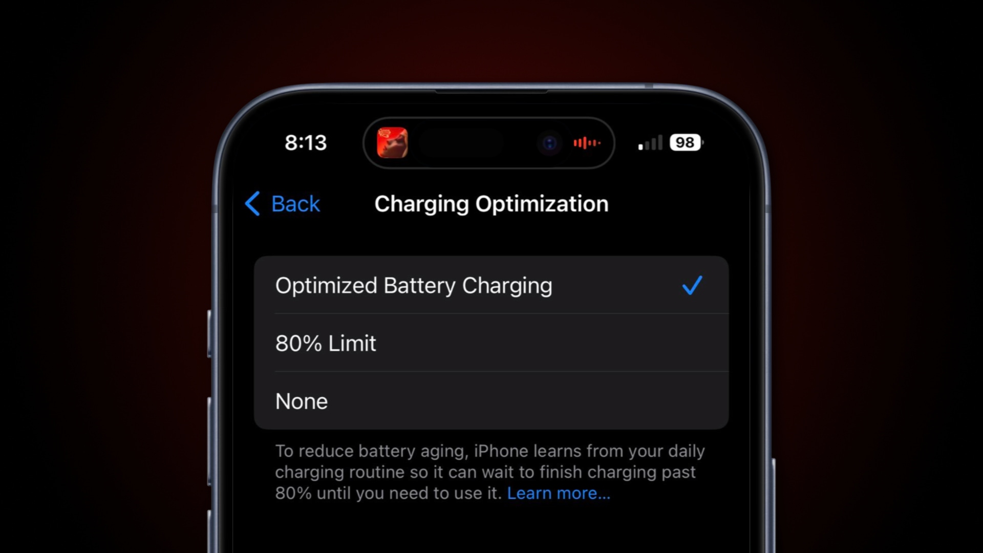 The new Charging Optimization menu in the Settings app on iPhone 15