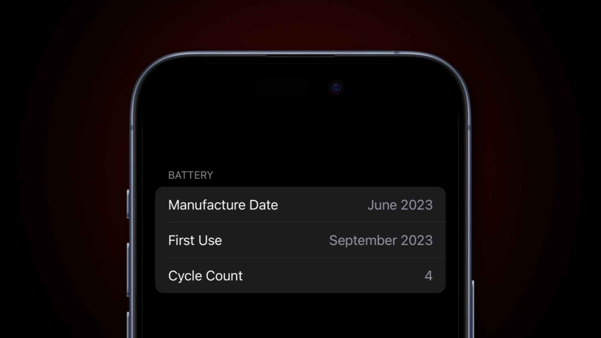 An iPhone's battery cycle count and other stats in the Settings app