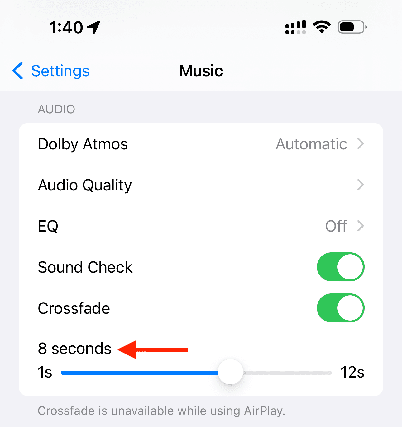 Crossfade length set to 8 seconds on iPhone