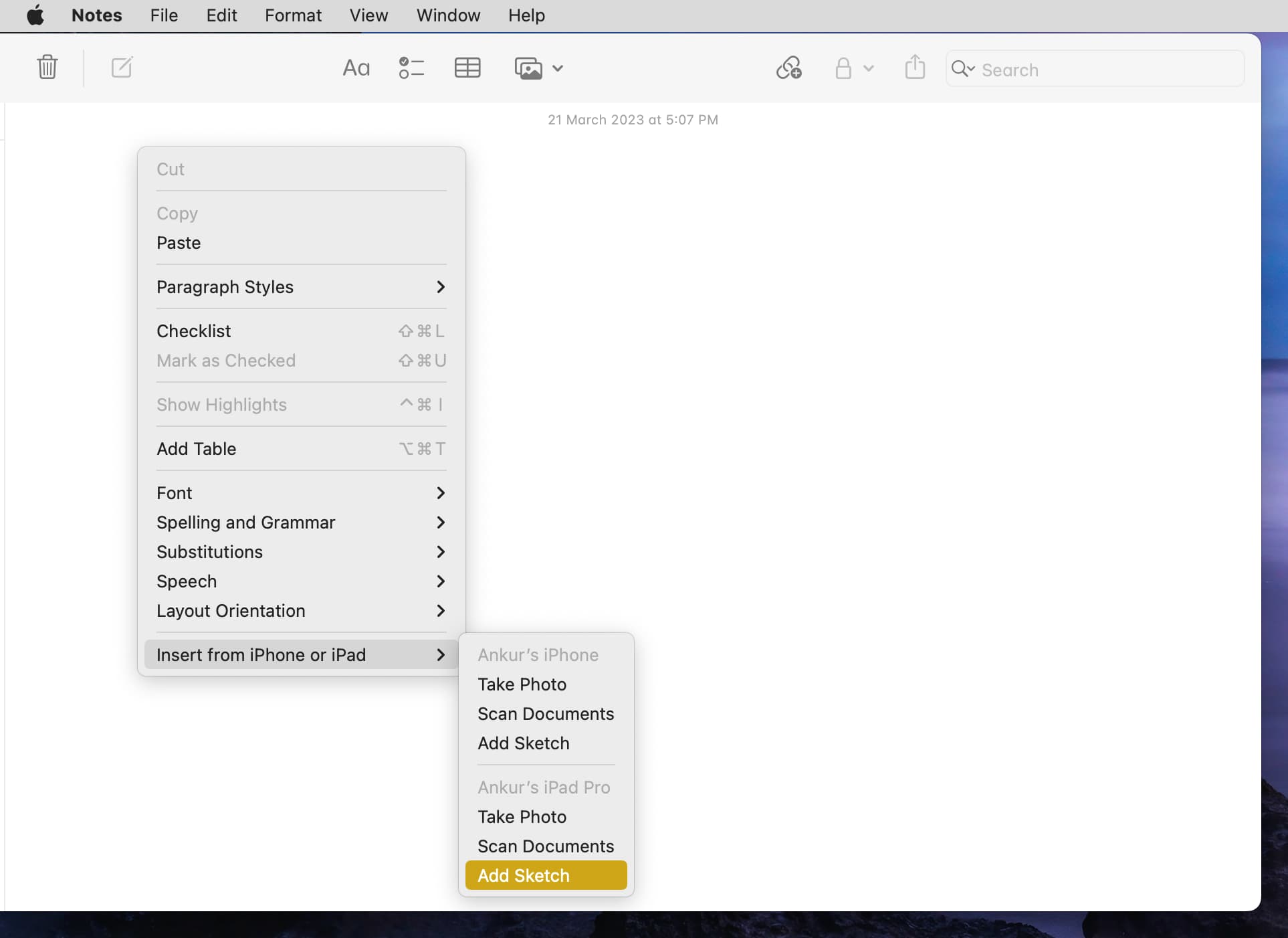 Insert sketch on Mac using iPhone or iPad