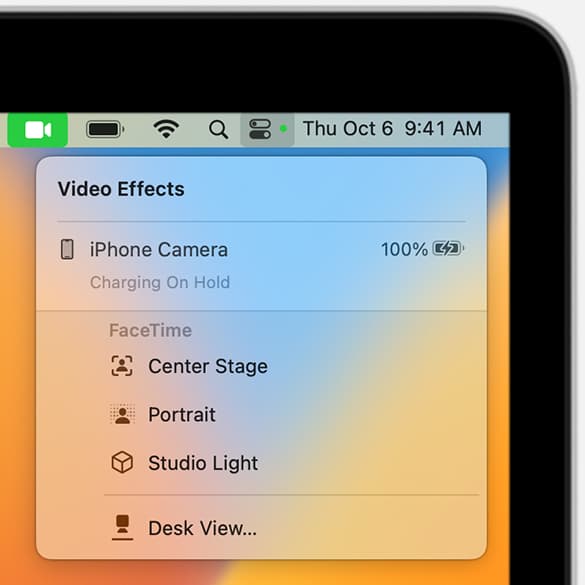 Mac Control Center showing options while using iPhone as webcam