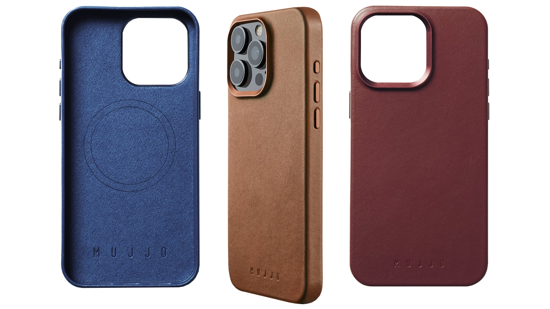 Mujjo's leather cases for iPhone 15 Pro Max in three colors
