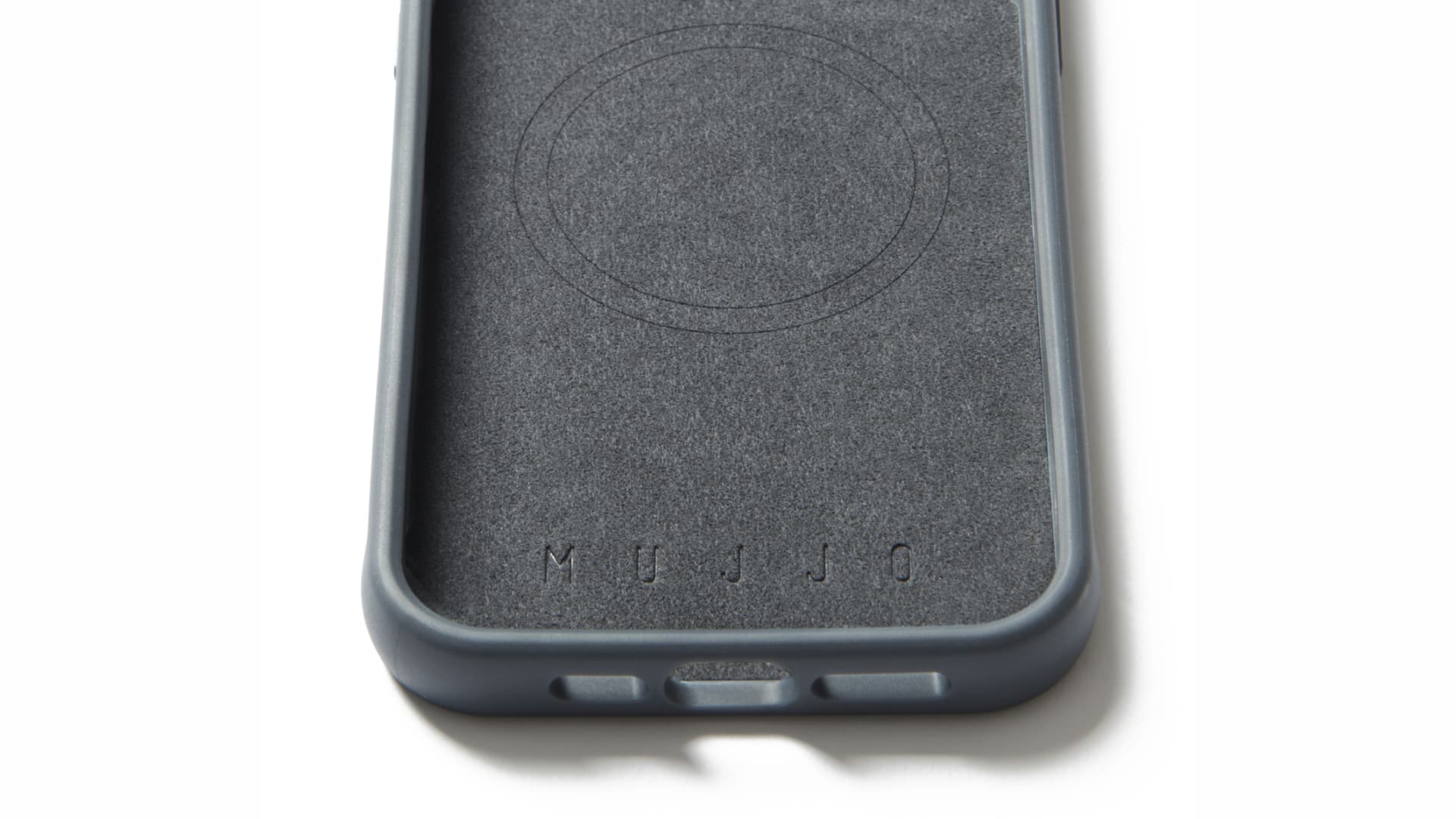 Closeup of the microfibre-lined shell of Mujjo's impact-resistance iPhone 15 Pro case