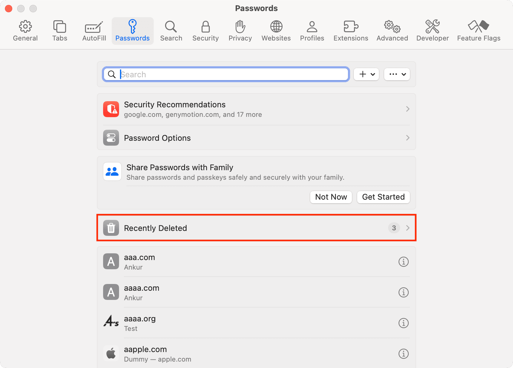 Recently Deleted in Safari Passwords settings on Mac