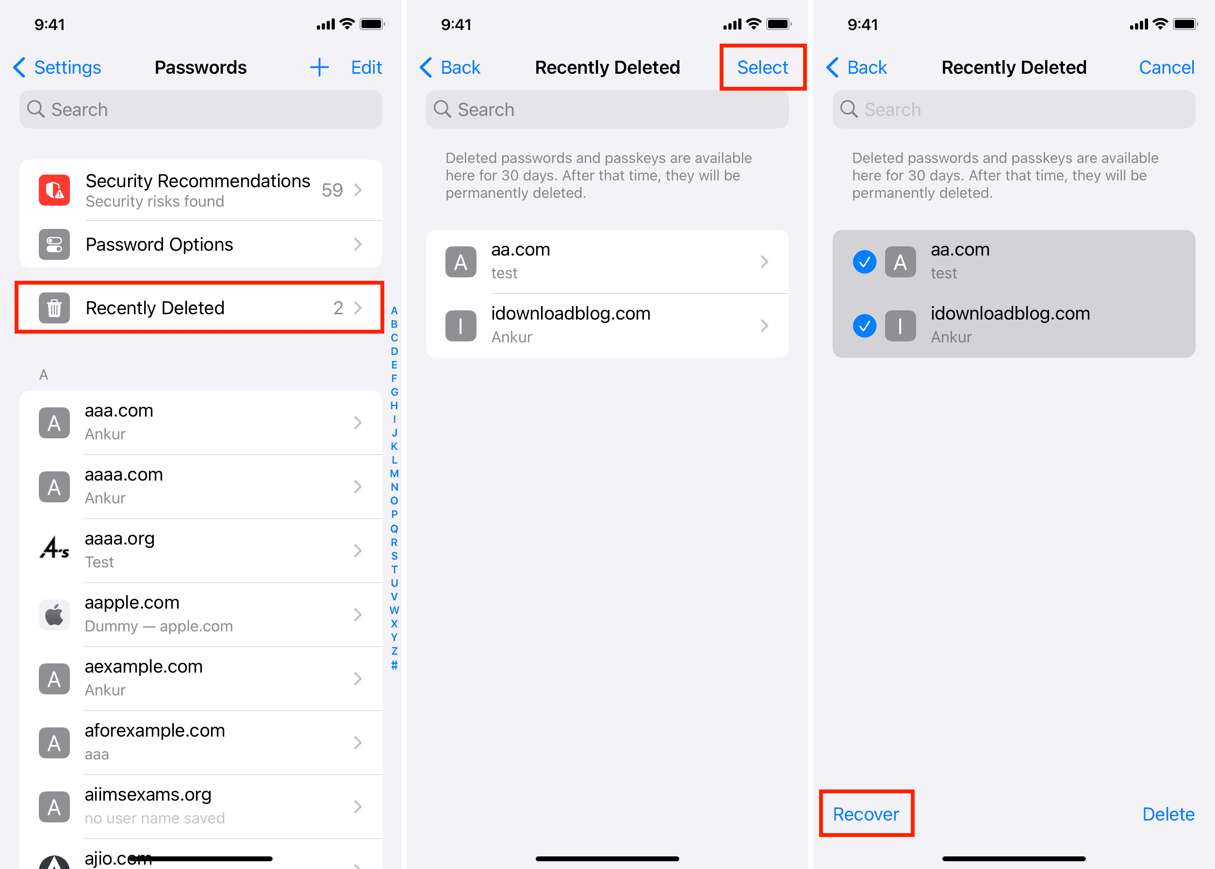 Recover recently deleted password on iPhone