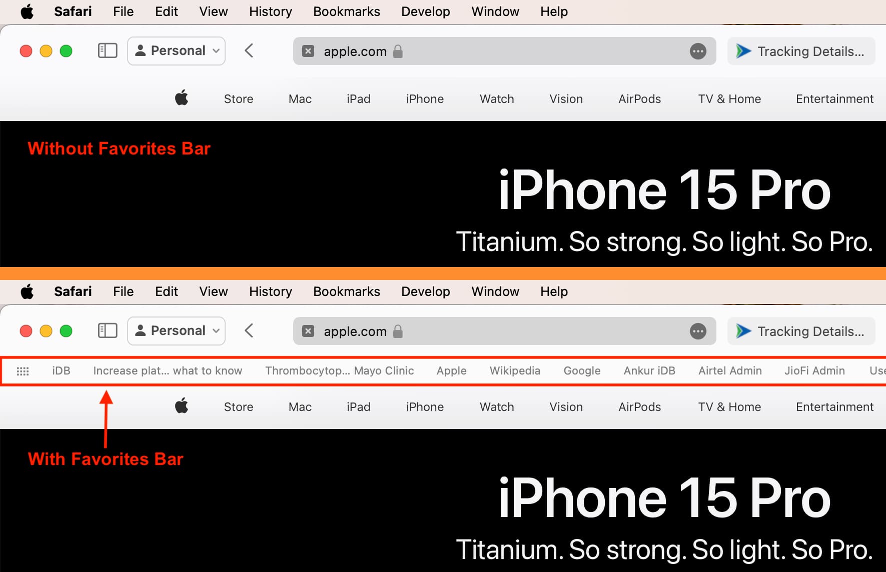 Safari on Mac without and with Favorites Bar at top